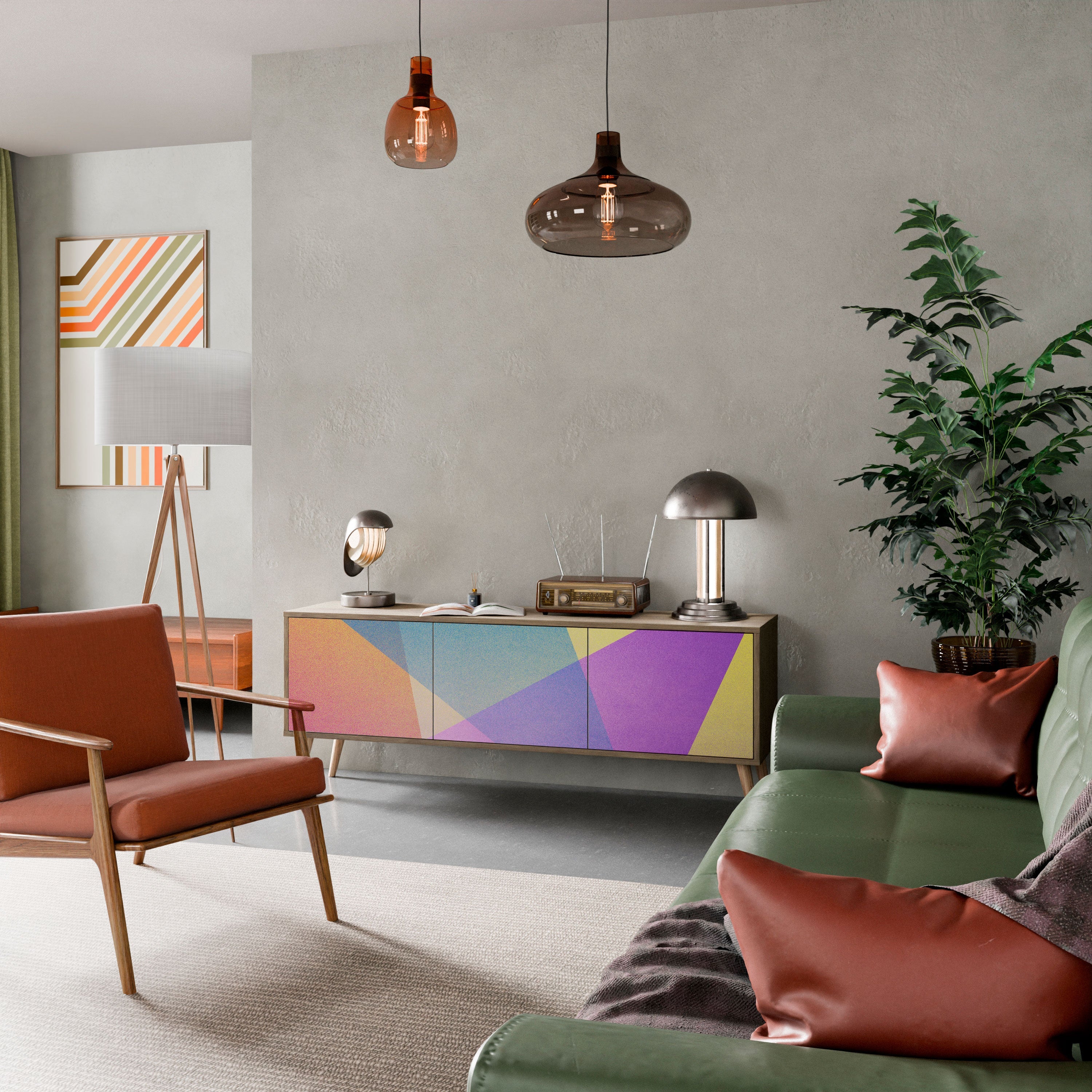 Meuble TV 3 portes BRIGHT GEOMETRY effet chêne