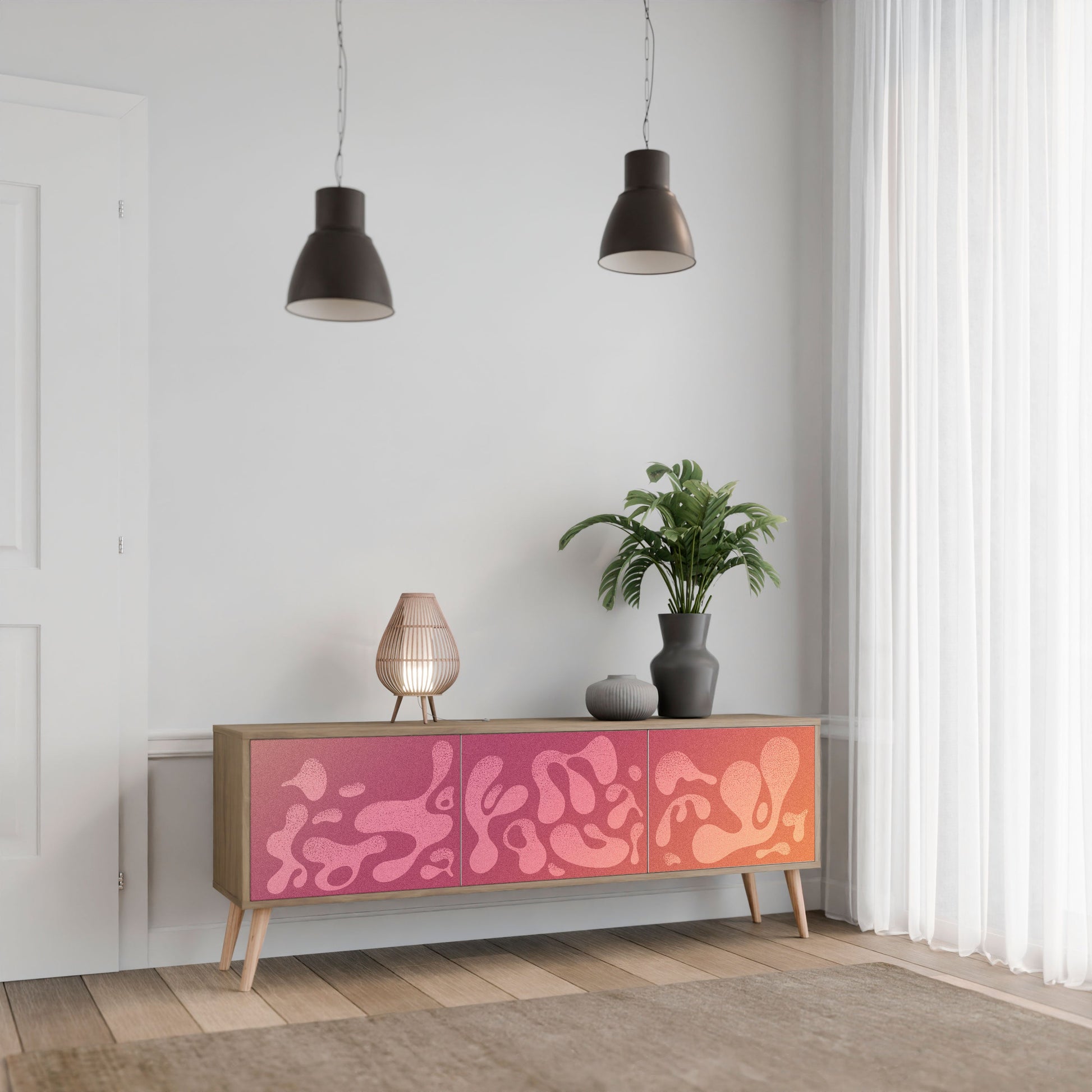 Meuble TV 3 portes IRREGULAR PINK effet chêne