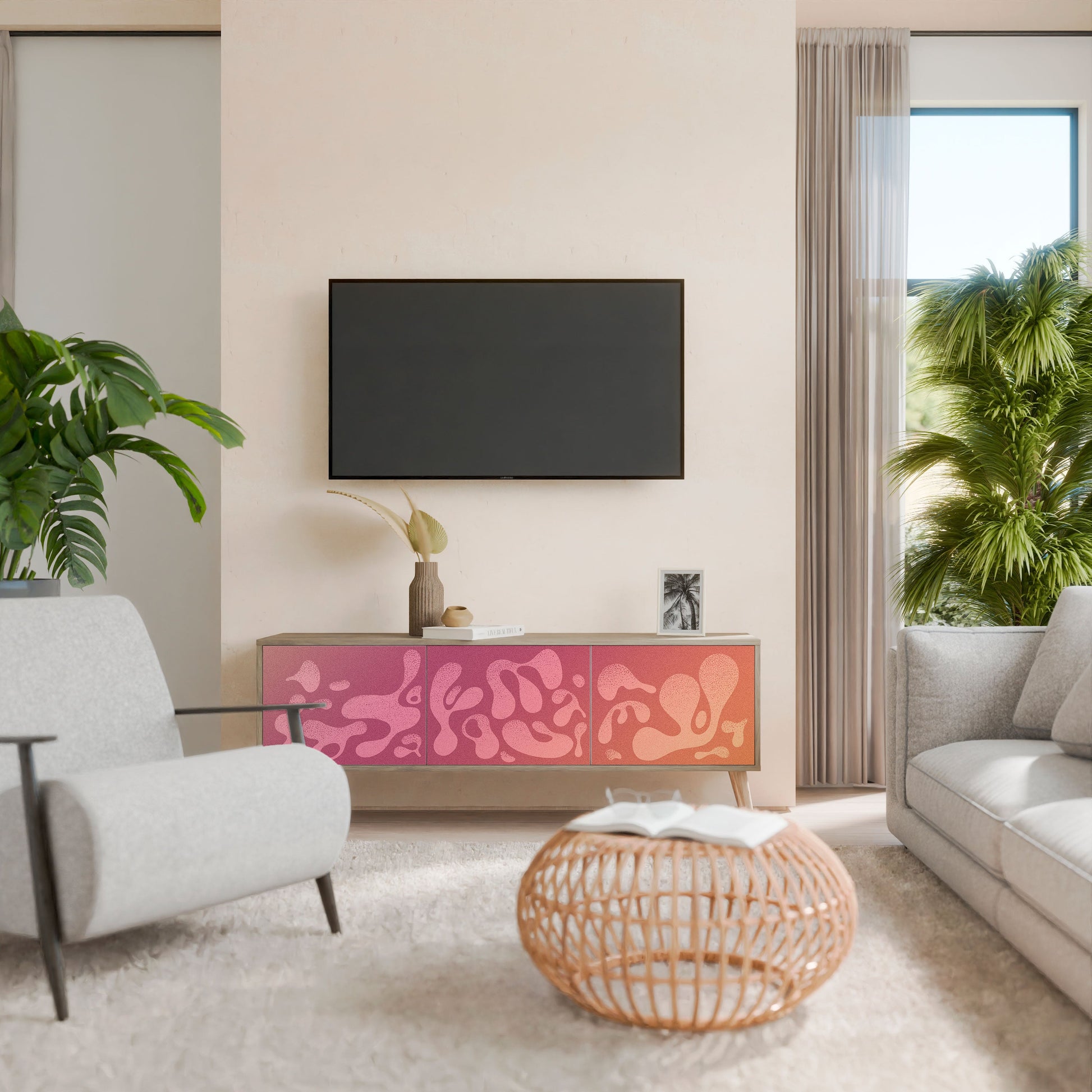 Meuble TV 3 portes IRREGULAR PINK effet chêne