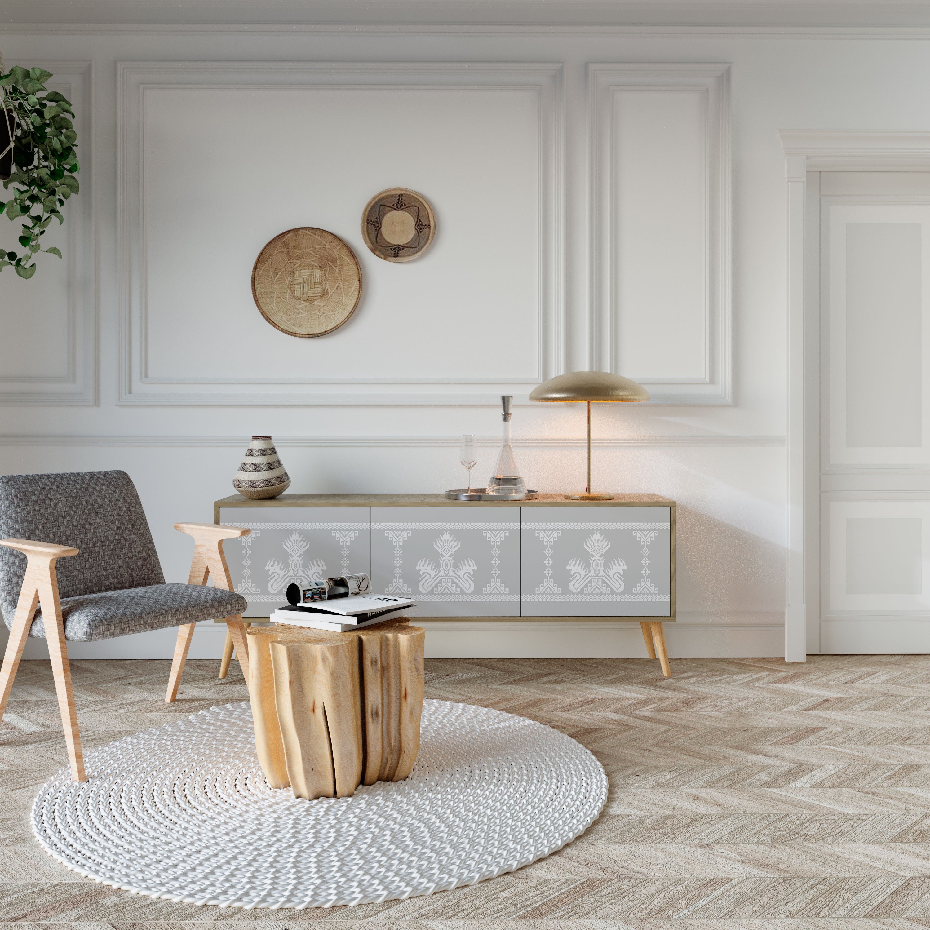 Meuble TV 3 portes THAI GRAY effet chêne