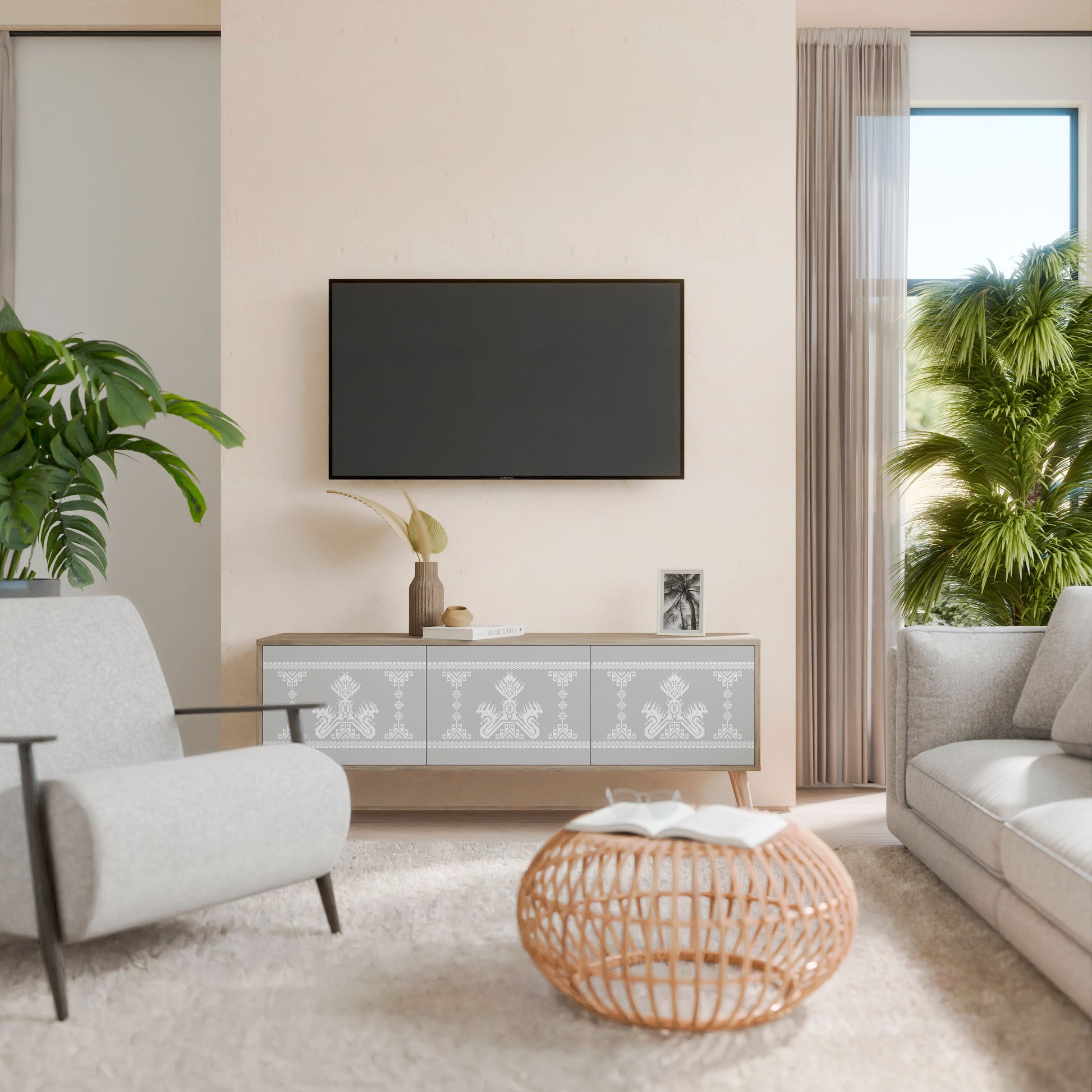 THAI GRAY 3-Door TV Stand in Oak Effect