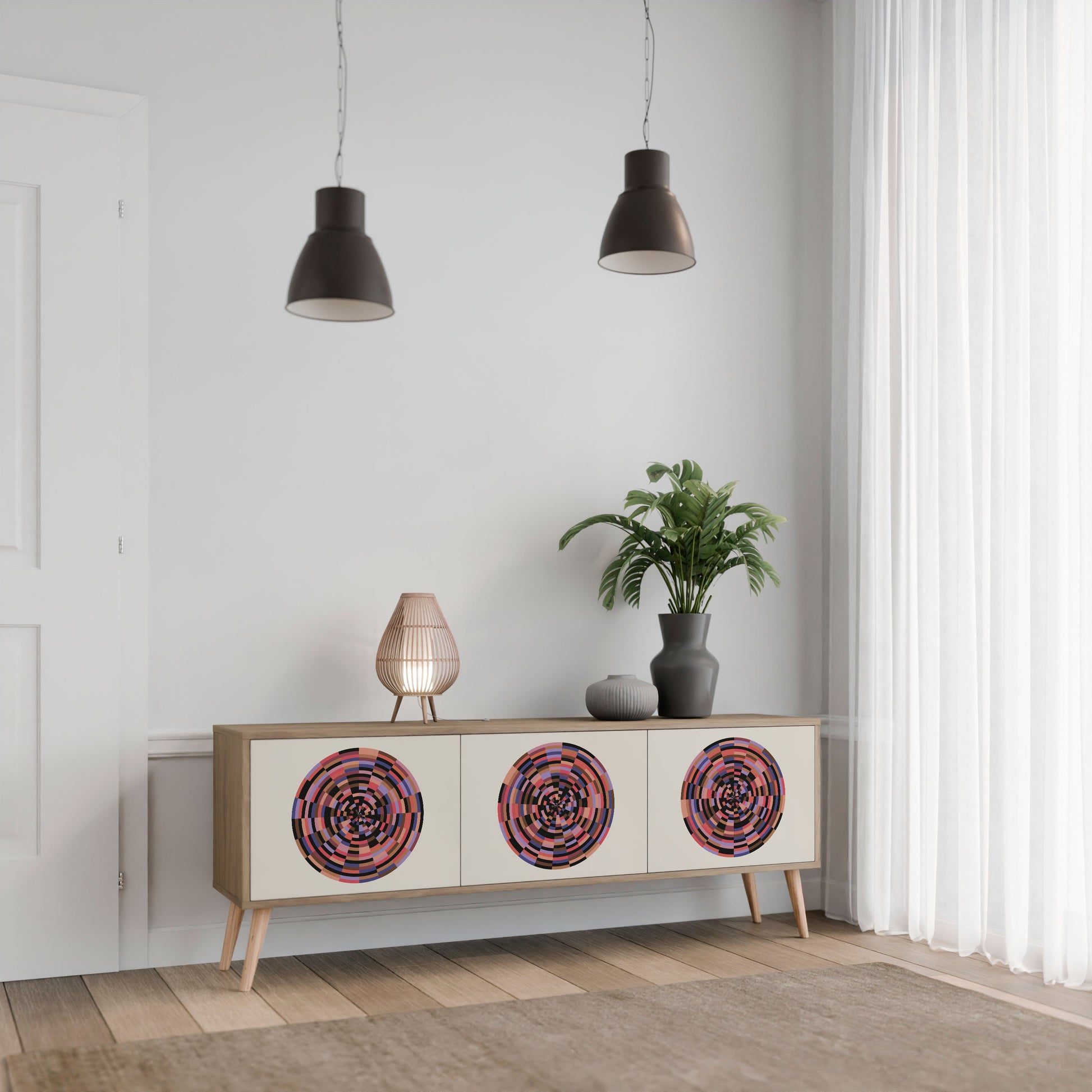 BROWN CIRCLES 3-Door TV Stand in Oak Effect
