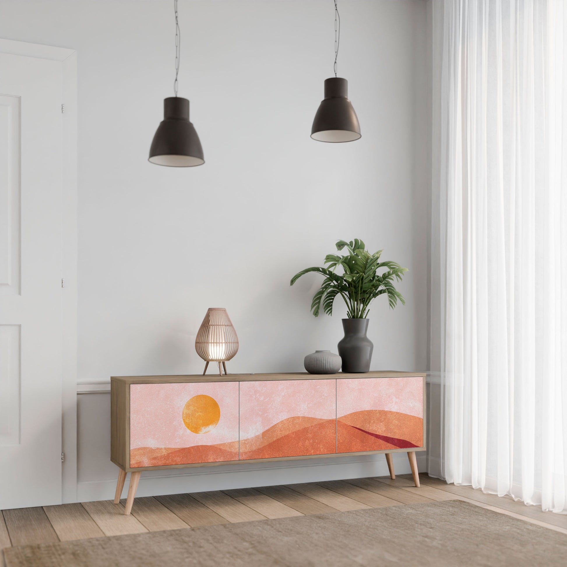 LUMINOUS SUNLIGHT 3-Door TV Stand in Oak Effect