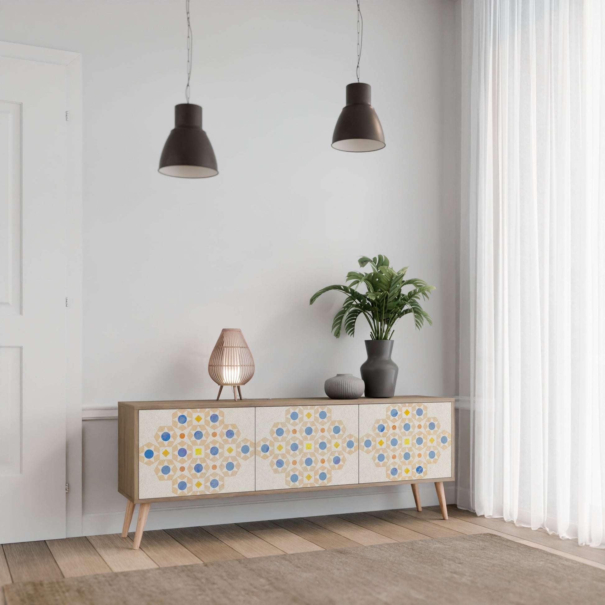 PATTERNED PRISM 3-Door TV Stand in Oak Effect