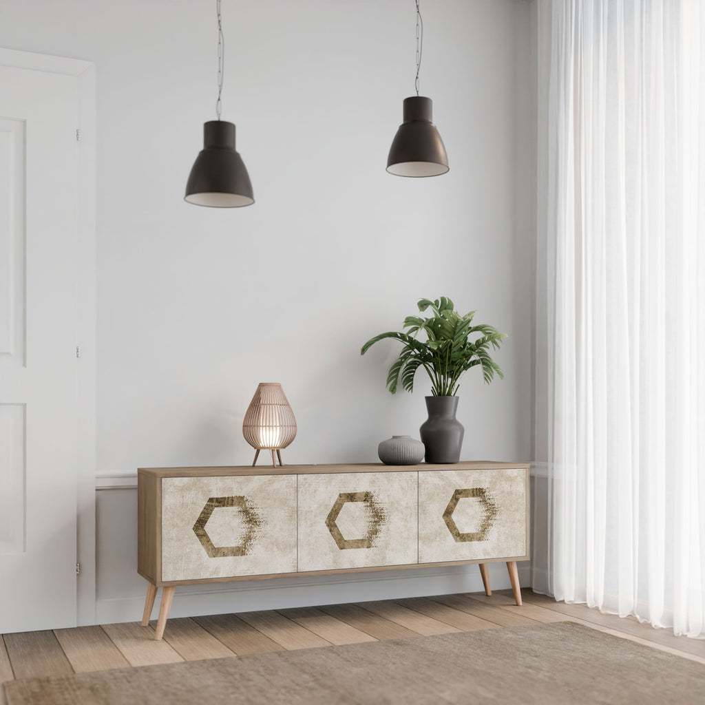 HEXAGONAL SHAPES 3-Door TV Stand in Oak Effect