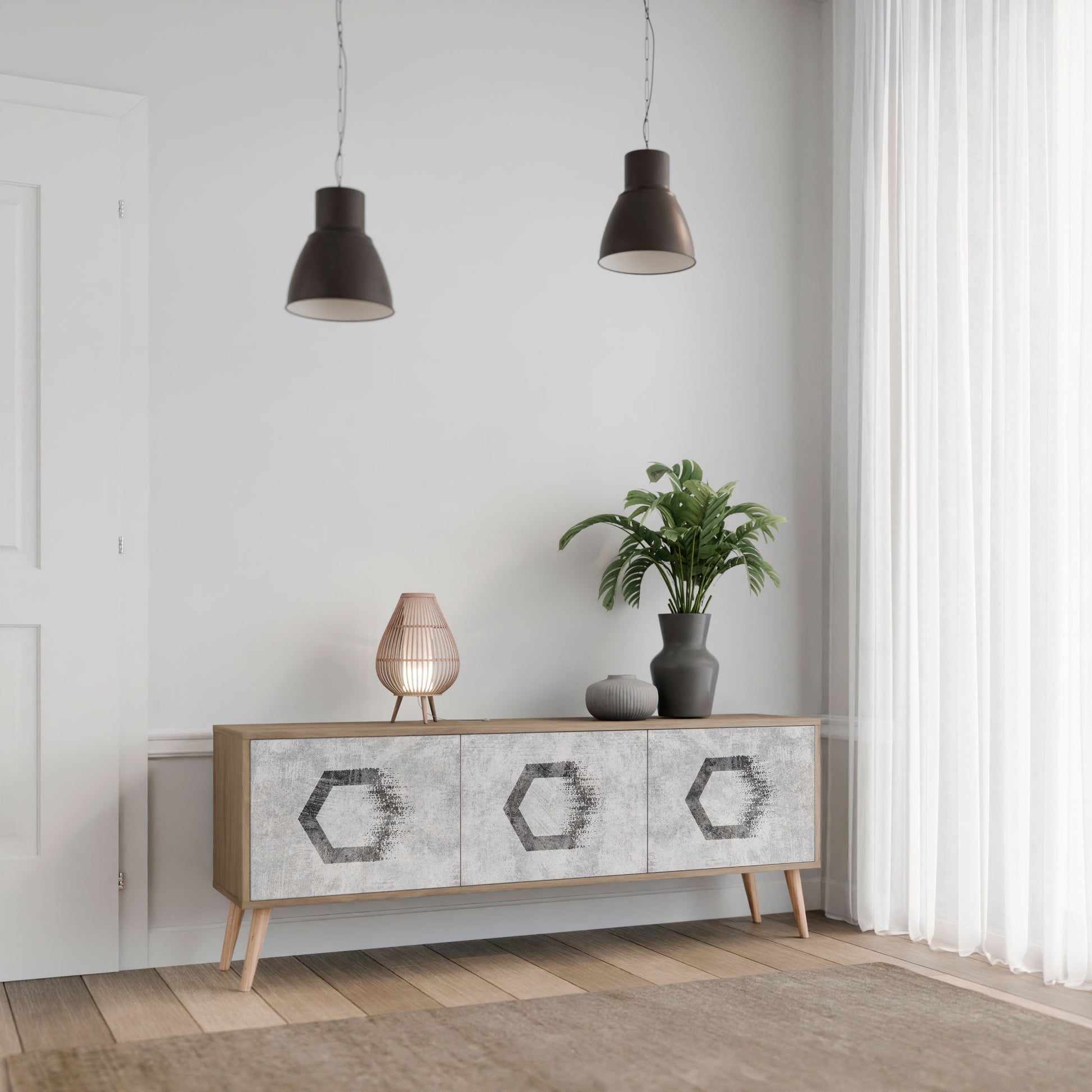 HEXAGONAL FIGURES 3-Door TV Stand in Oak Effect