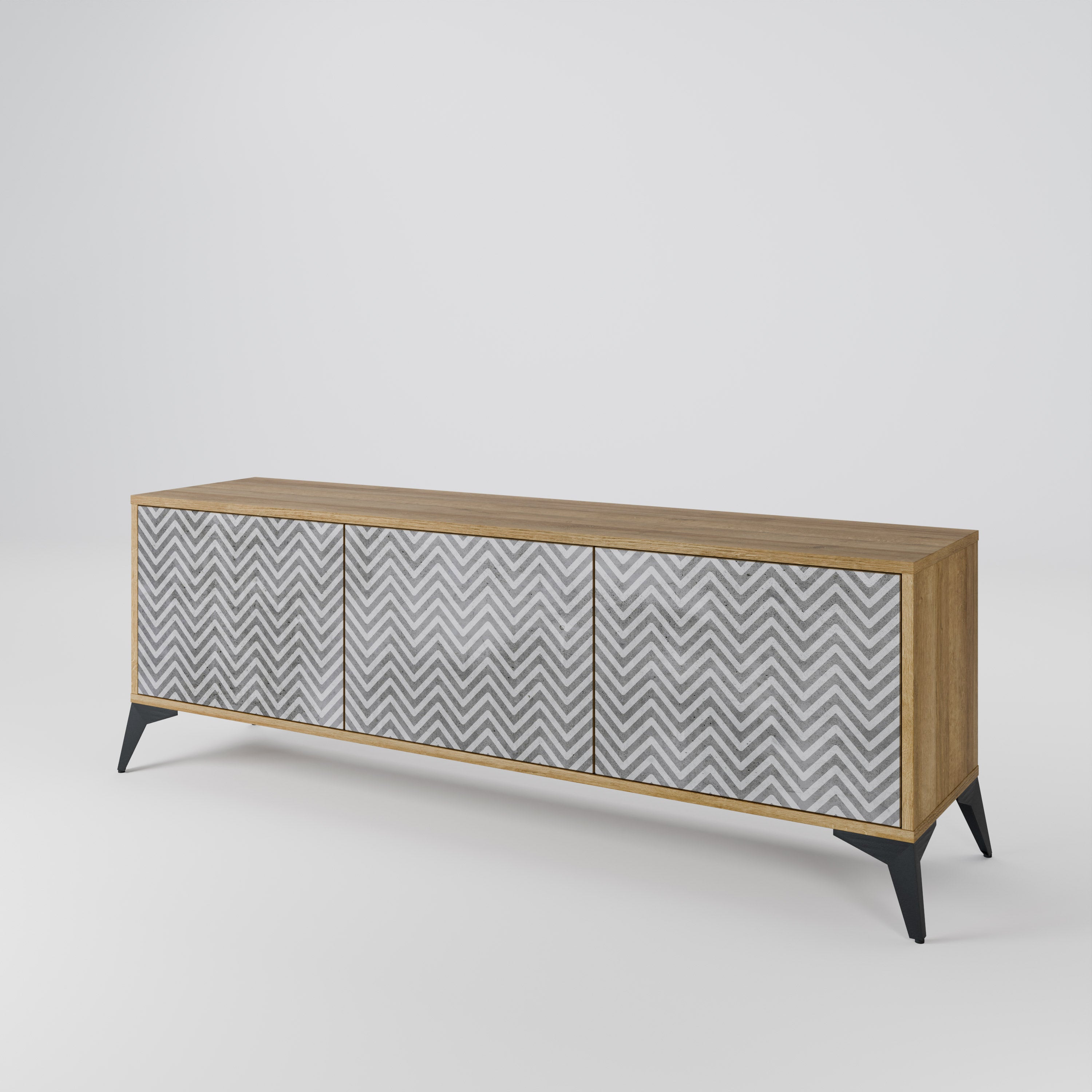 Meuble TV 3 portes CONCRETE ZIG ZAG effet chêne