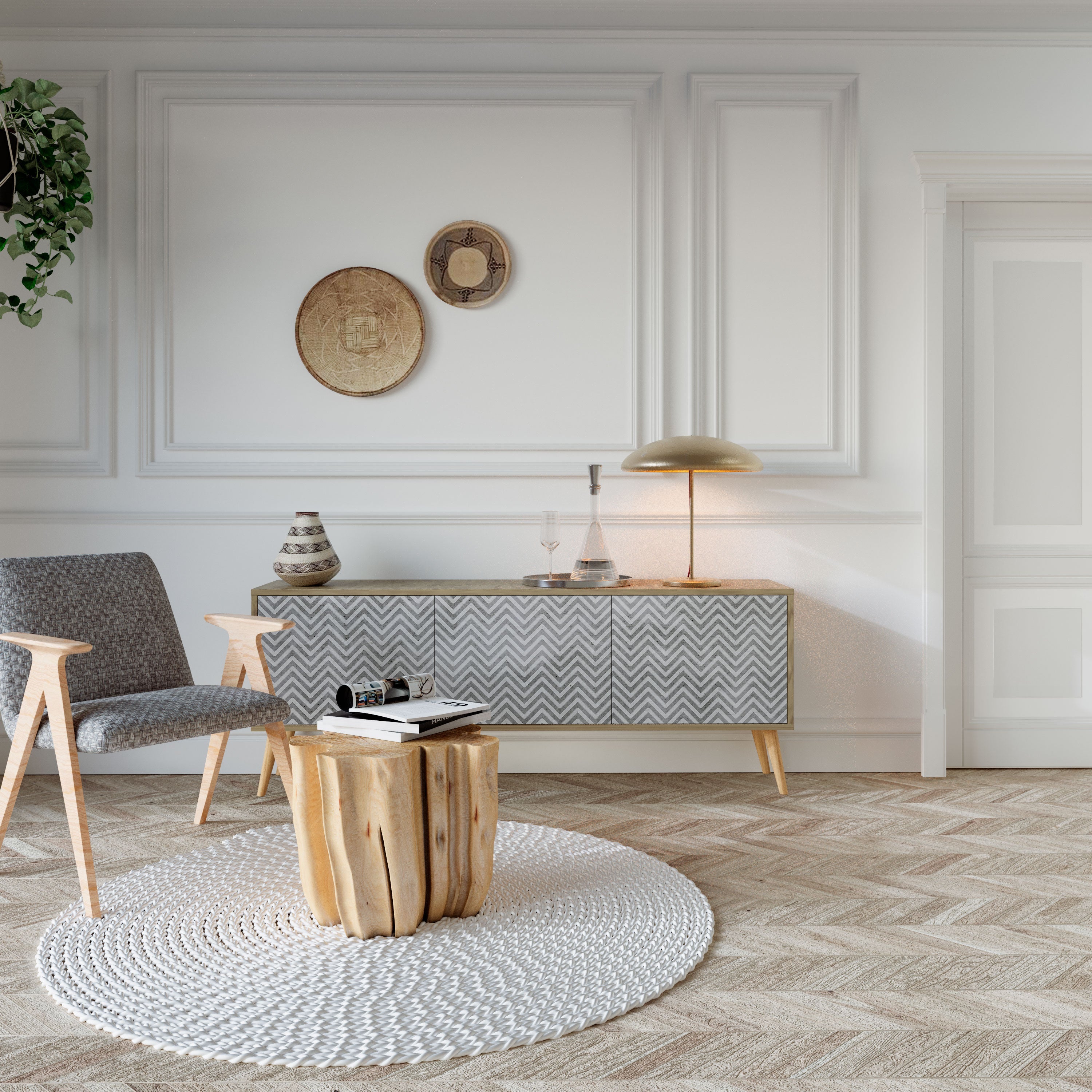 Meuble TV 3 portes CONCRETE ZIG ZAG effet chêne