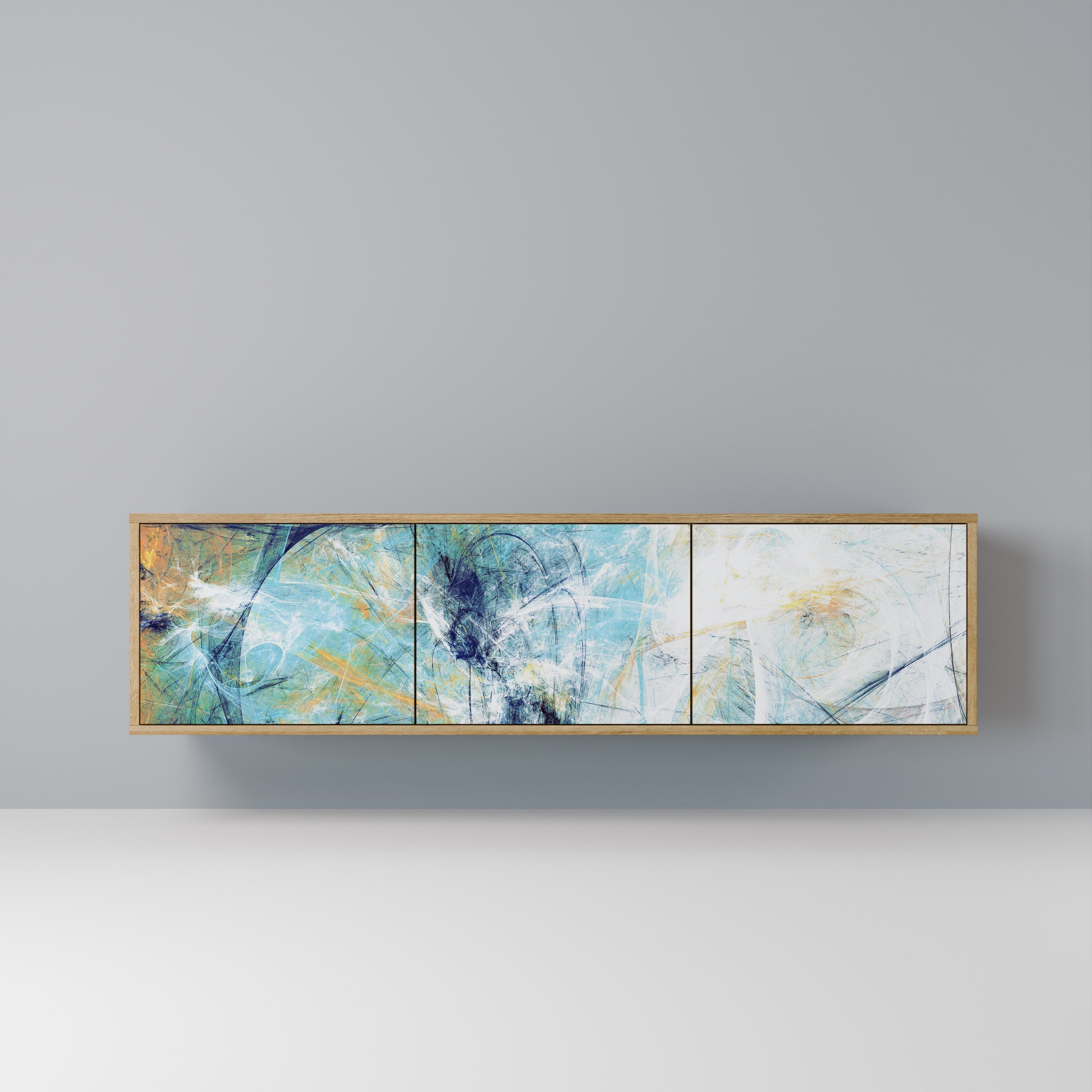 RÉFLEXIONS ABSTRAITES Meuble TV 3 portes effet chêne