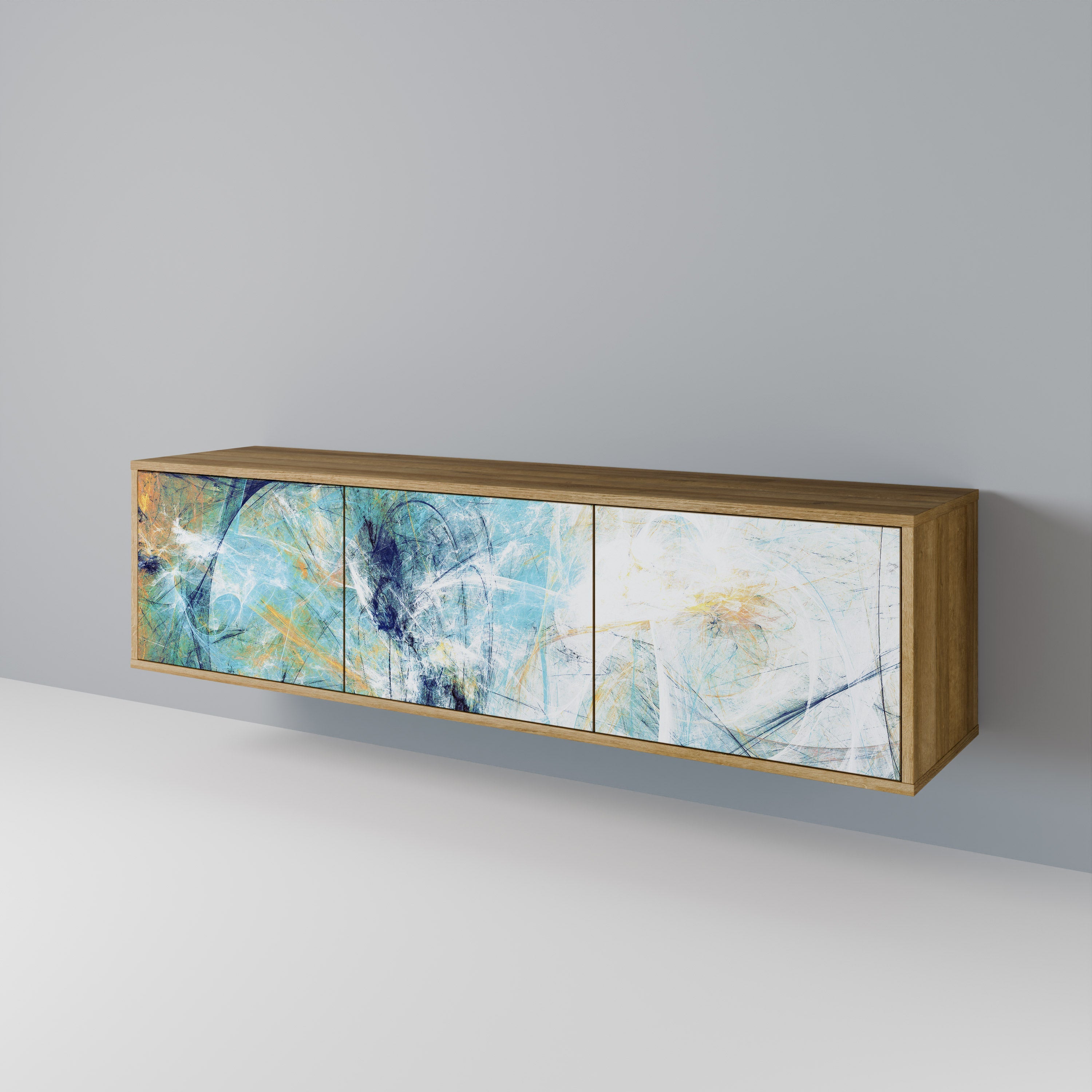 RÉFLEXIONS ABSTRAITES Meuble TV 3 portes effet chêne