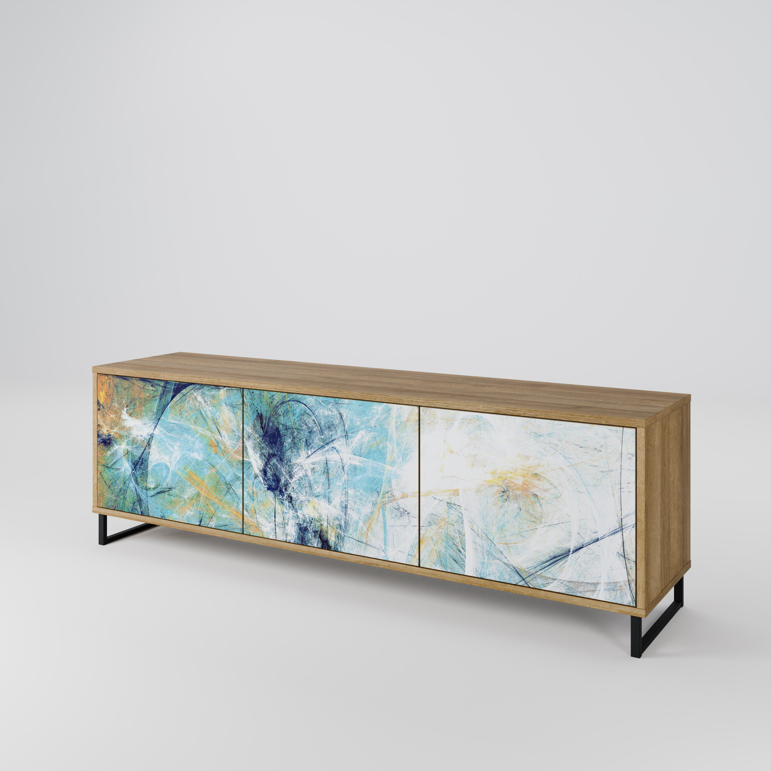 RÉFLEXIONS ABSTRAITES Meuble TV 3 portes effet chêne