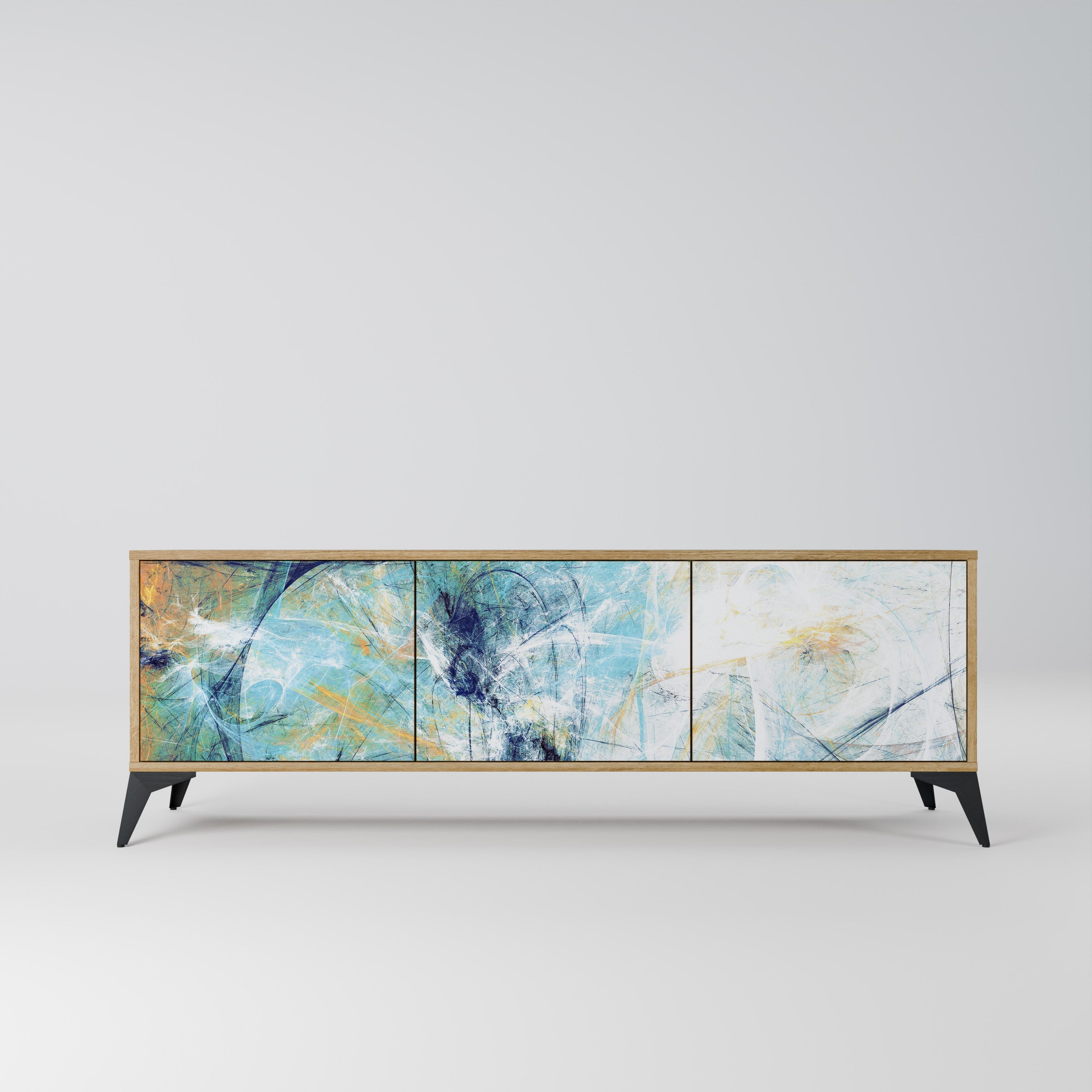 RÉFLEXIONS ABSTRAITES Meuble TV 3 portes effet chêne