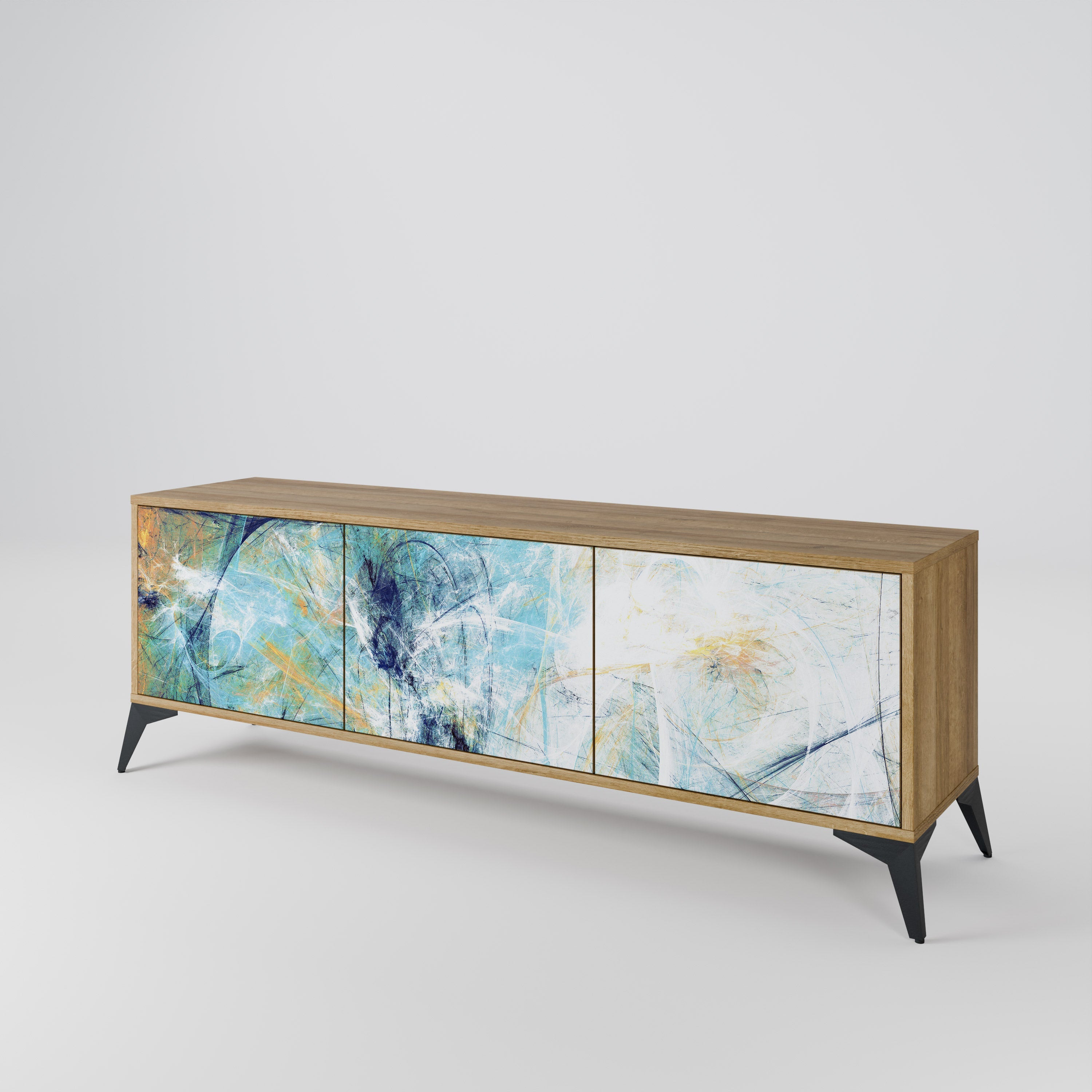 RÉFLEXIONS ABSTRAITES Meuble TV 3 portes effet chêne