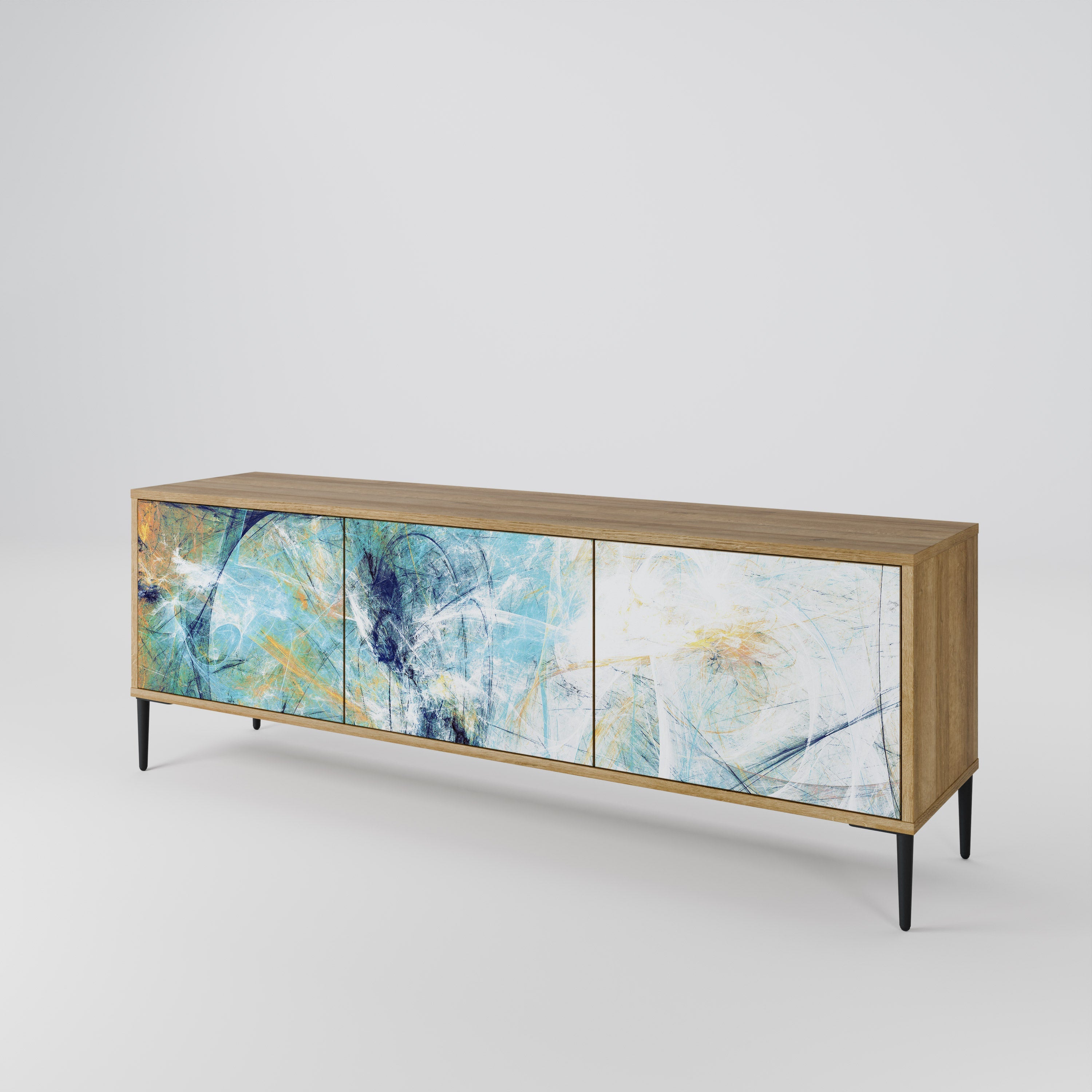 RÉFLEXIONS ABSTRAITES Meuble TV 3 portes effet chêne
