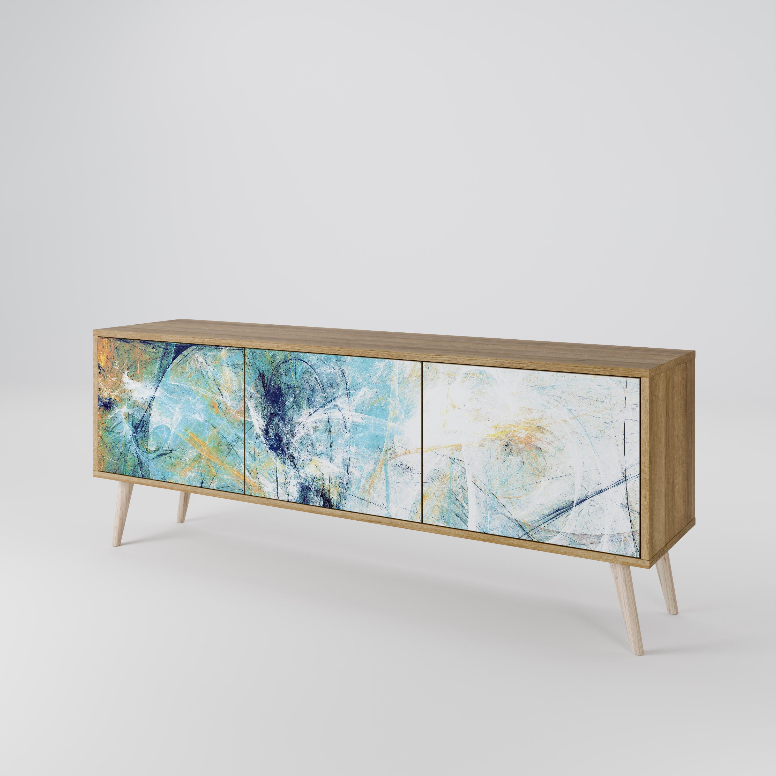 RÉFLEXIONS ABSTRAITES Meuble TV 3 portes effet chêne
