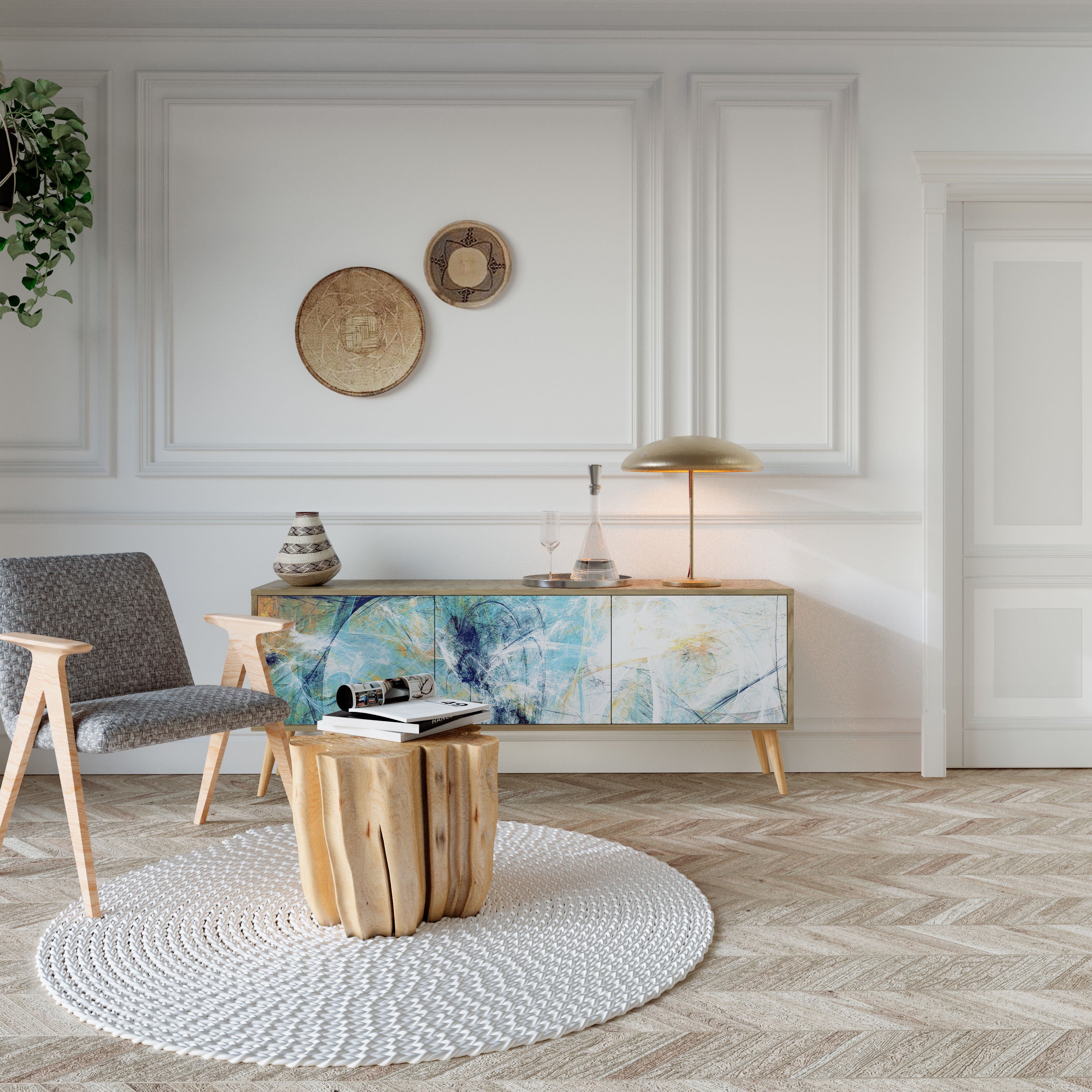 RÉFLEXIONS ABSTRAITES Meuble TV 3 portes effet chêne