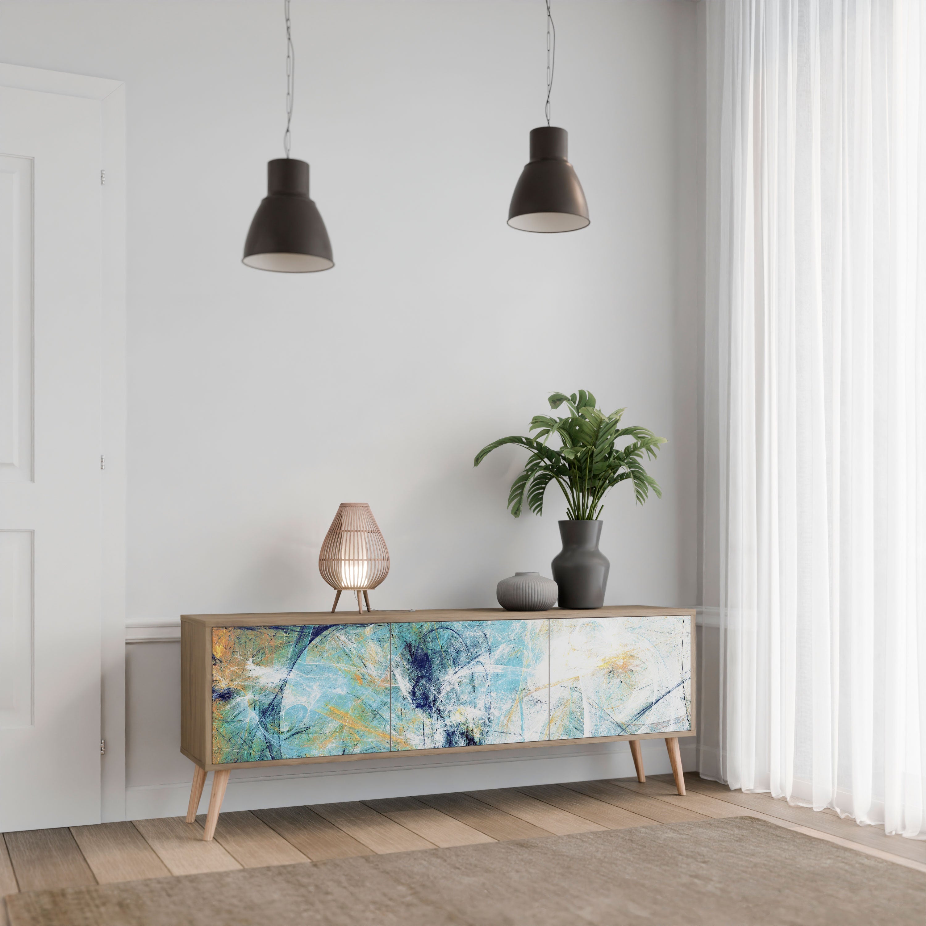 RÉFLEXIONS ABSTRAITES Meuble TV 3 portes effet chêne