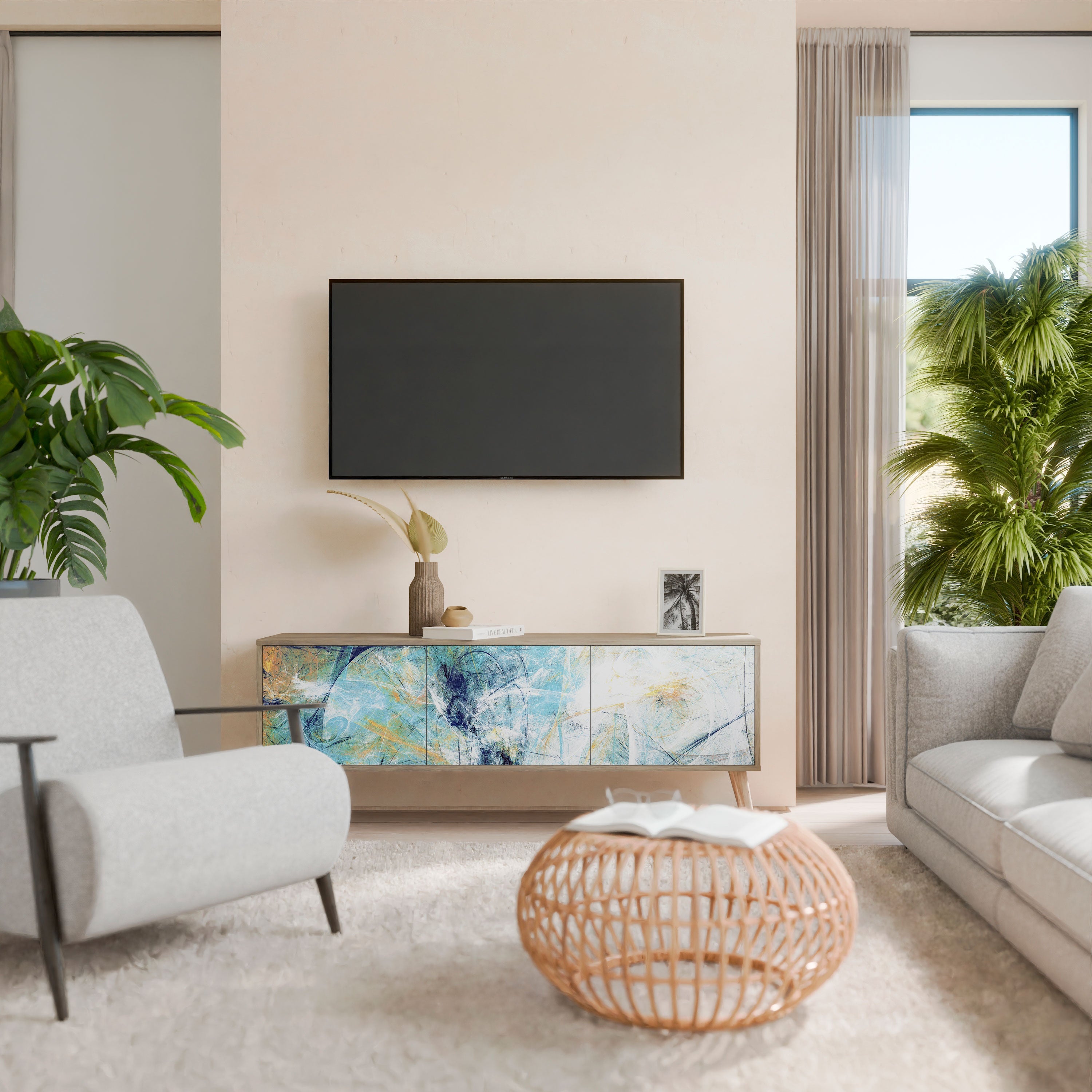 RÉFLEXIONS ABSTRAITES Meuble TV 3 portes effet chêne