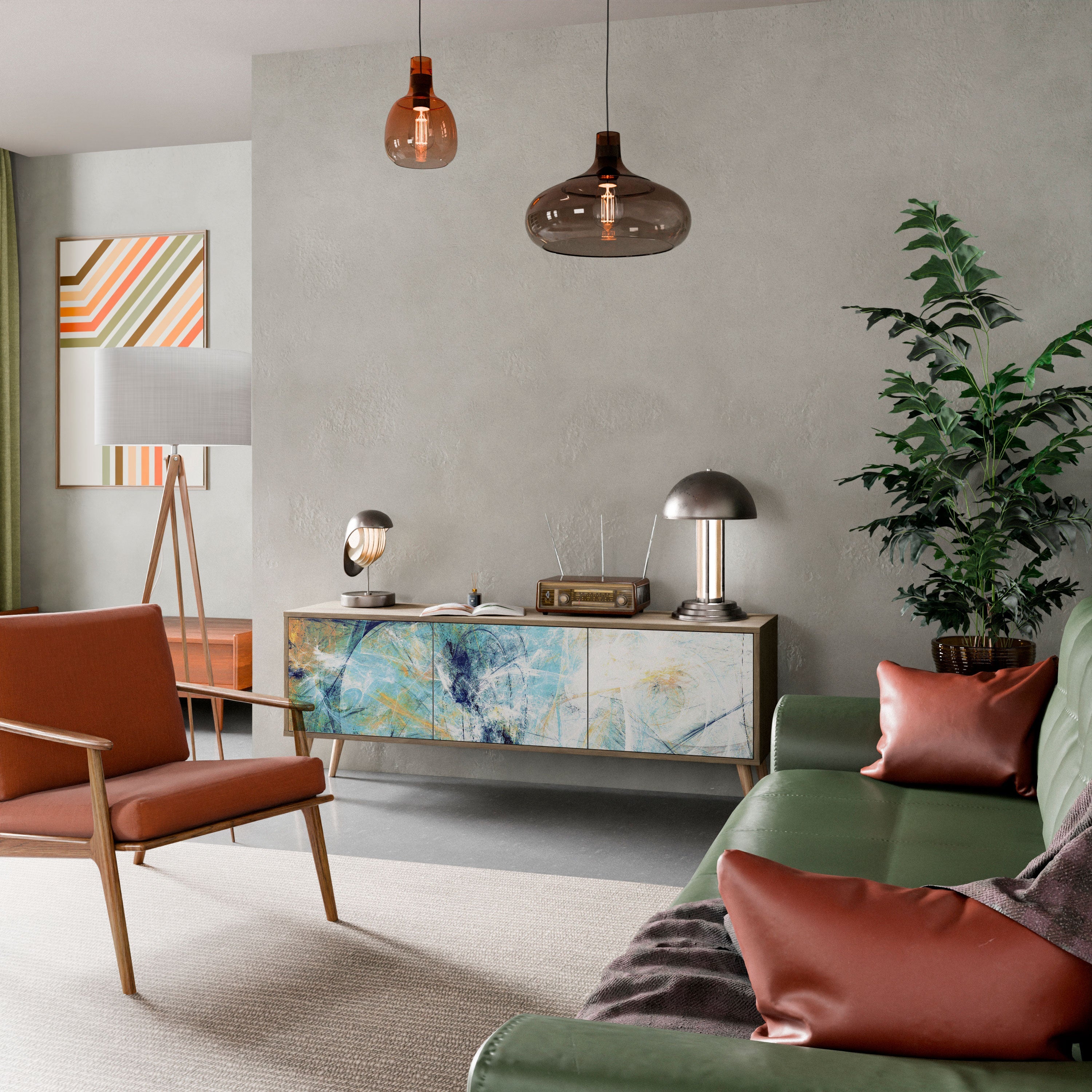 RÉFLEXIONS ABSTRAITES Meuble TV 3 portes effet chêne