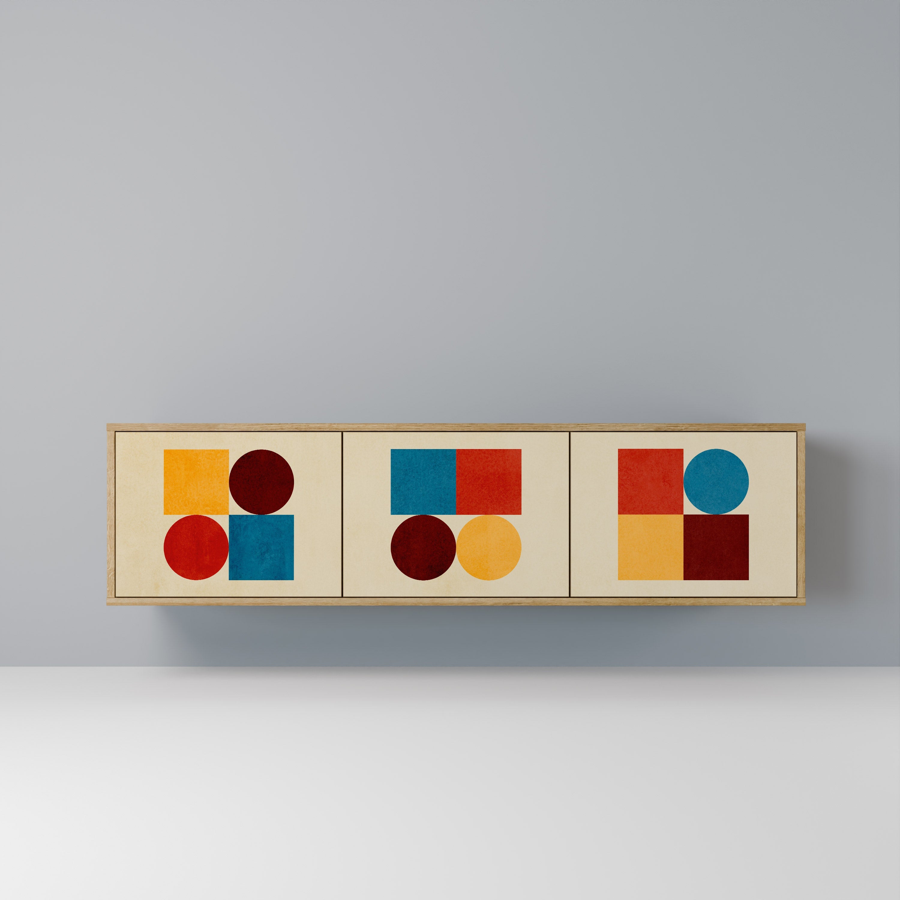 Meuble TV 3 portes PUZZLE GÉOMÉTRIQUE effet chêne