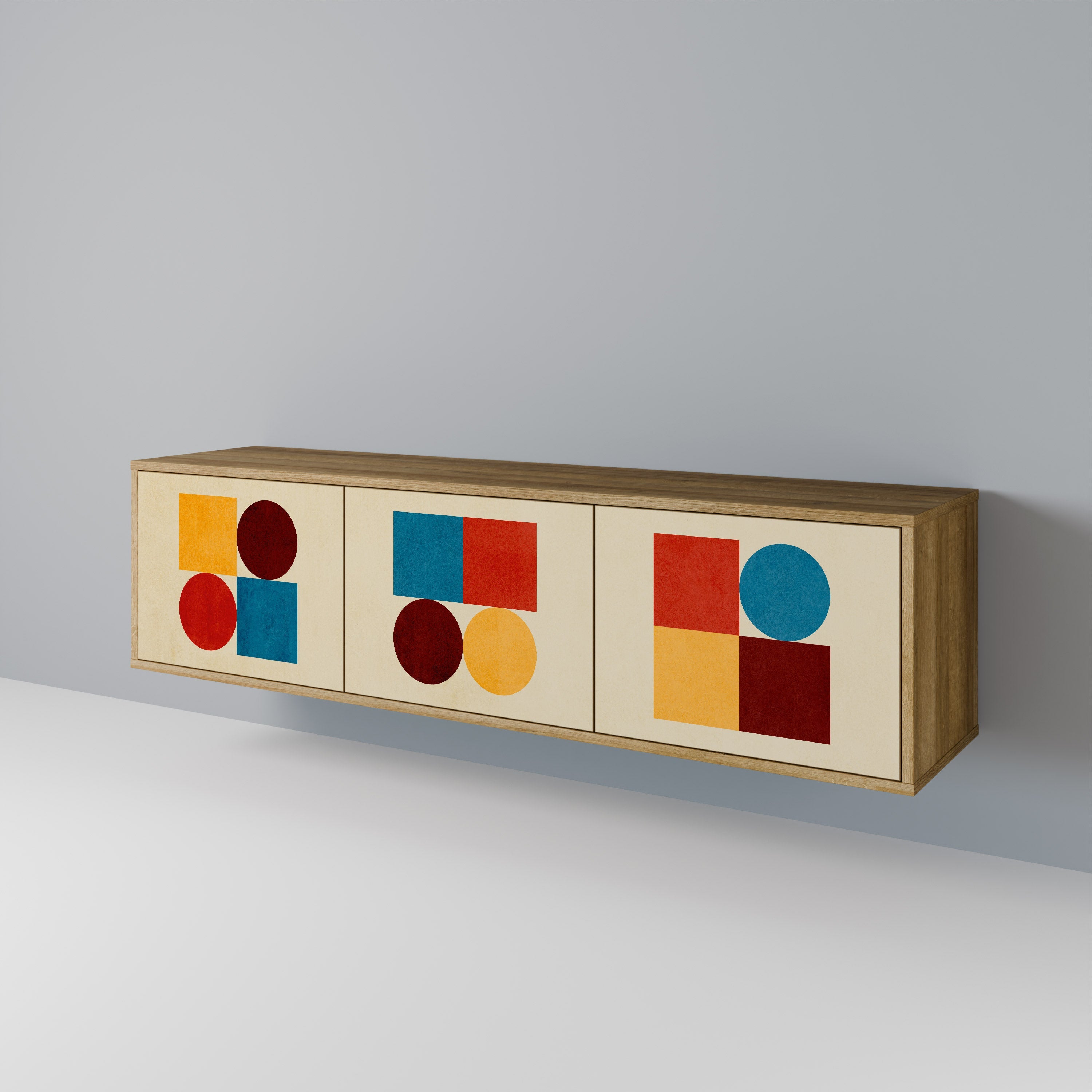 Meuble TV 3 portes PUZZLE GÉOMÉTRIQUE effet chêne