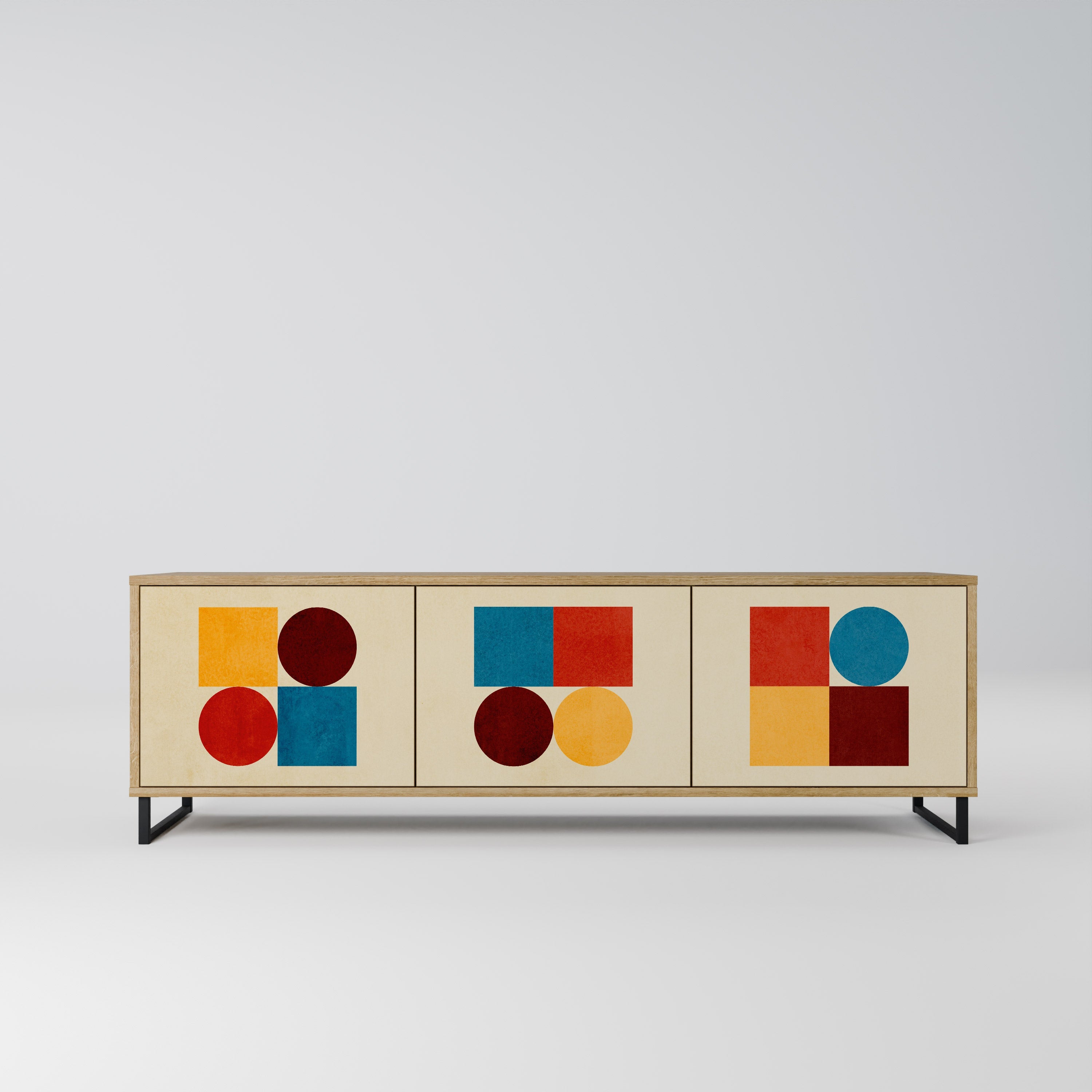 Meuble TV 3 portes PUZZLE GÉOMÉTRIQUE effet chêne