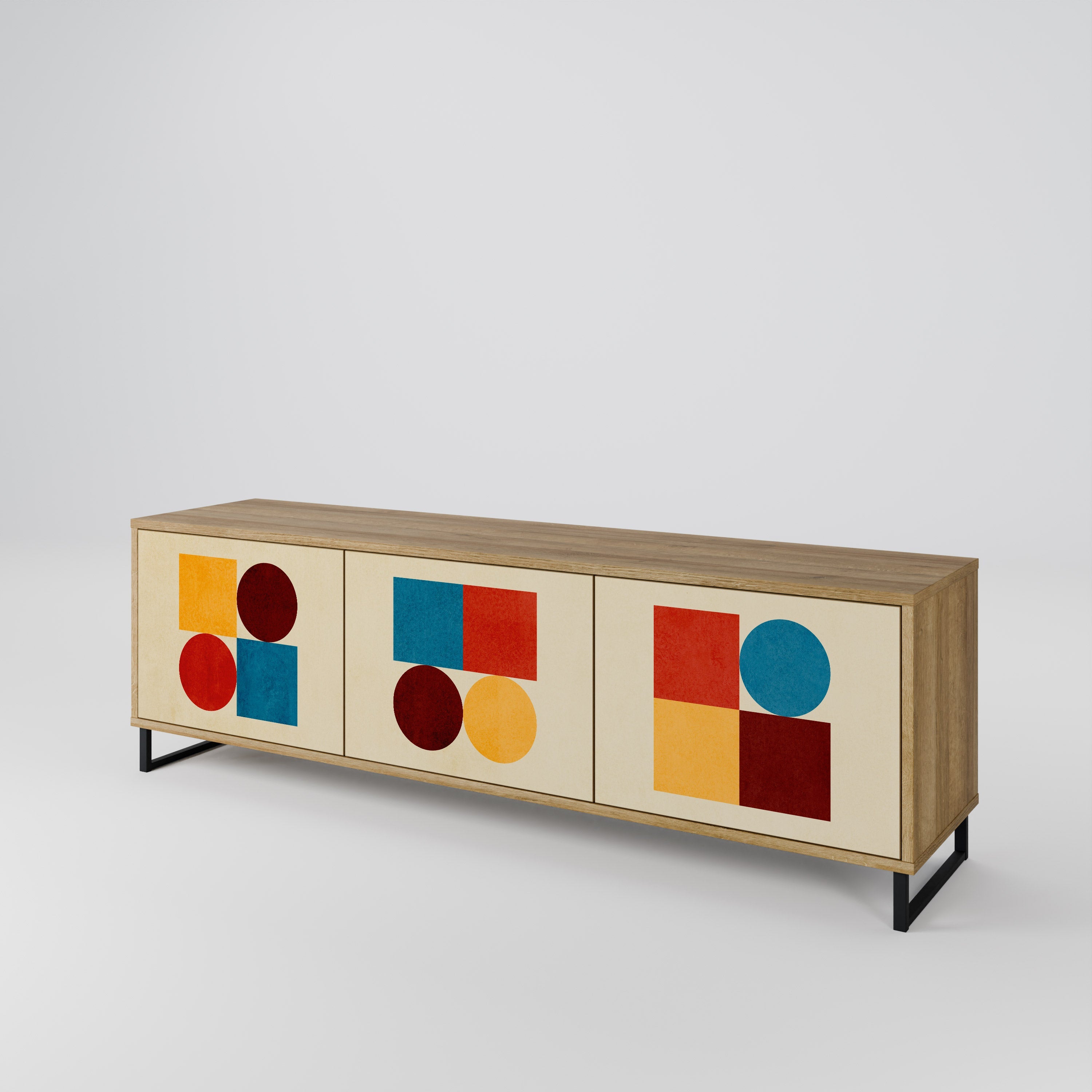 Meuble TV 3 portes PUZZLE GÉOMÉTRIQUE effet chêne