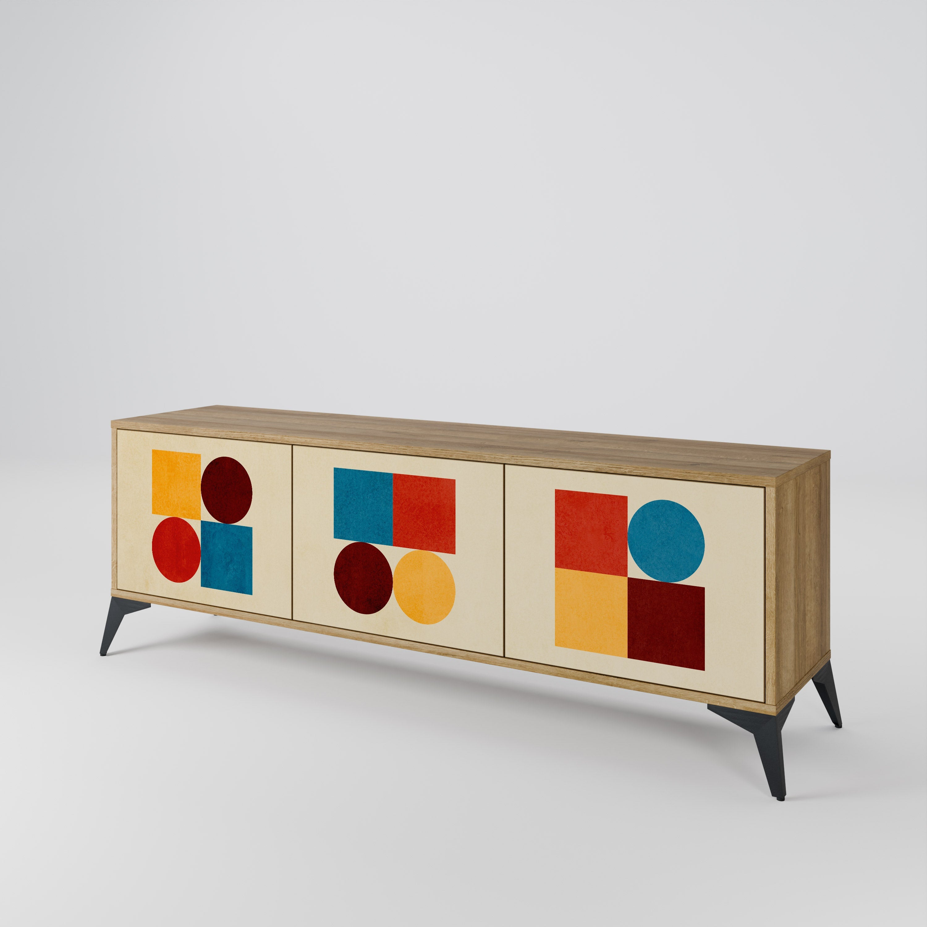 Meuble TV 3 portes PUZZLE GÉOMÉTRIQUE effet chêne