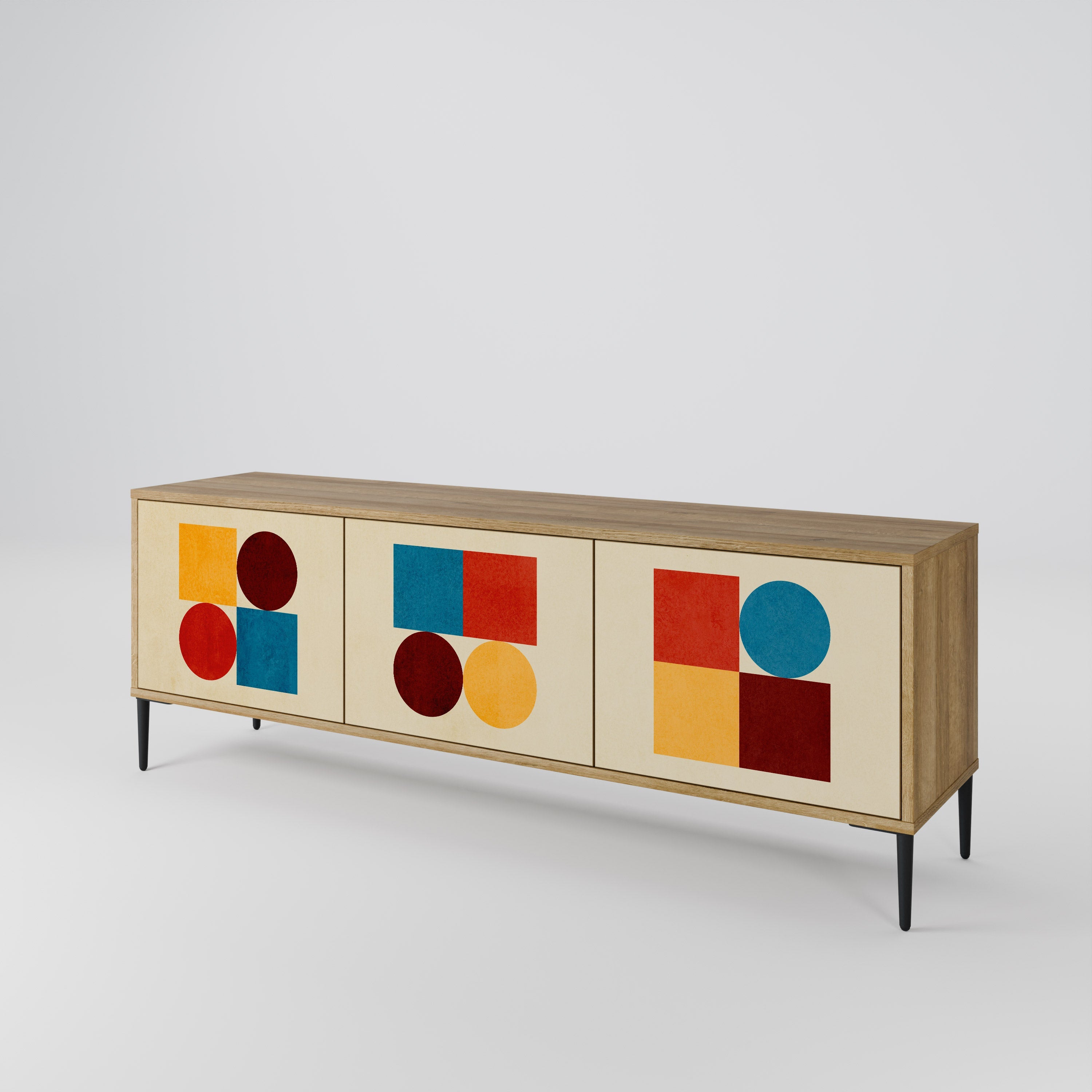 Meuble TV 3 portes PUZZLE GÉOMÉTRIQUE effet chêne