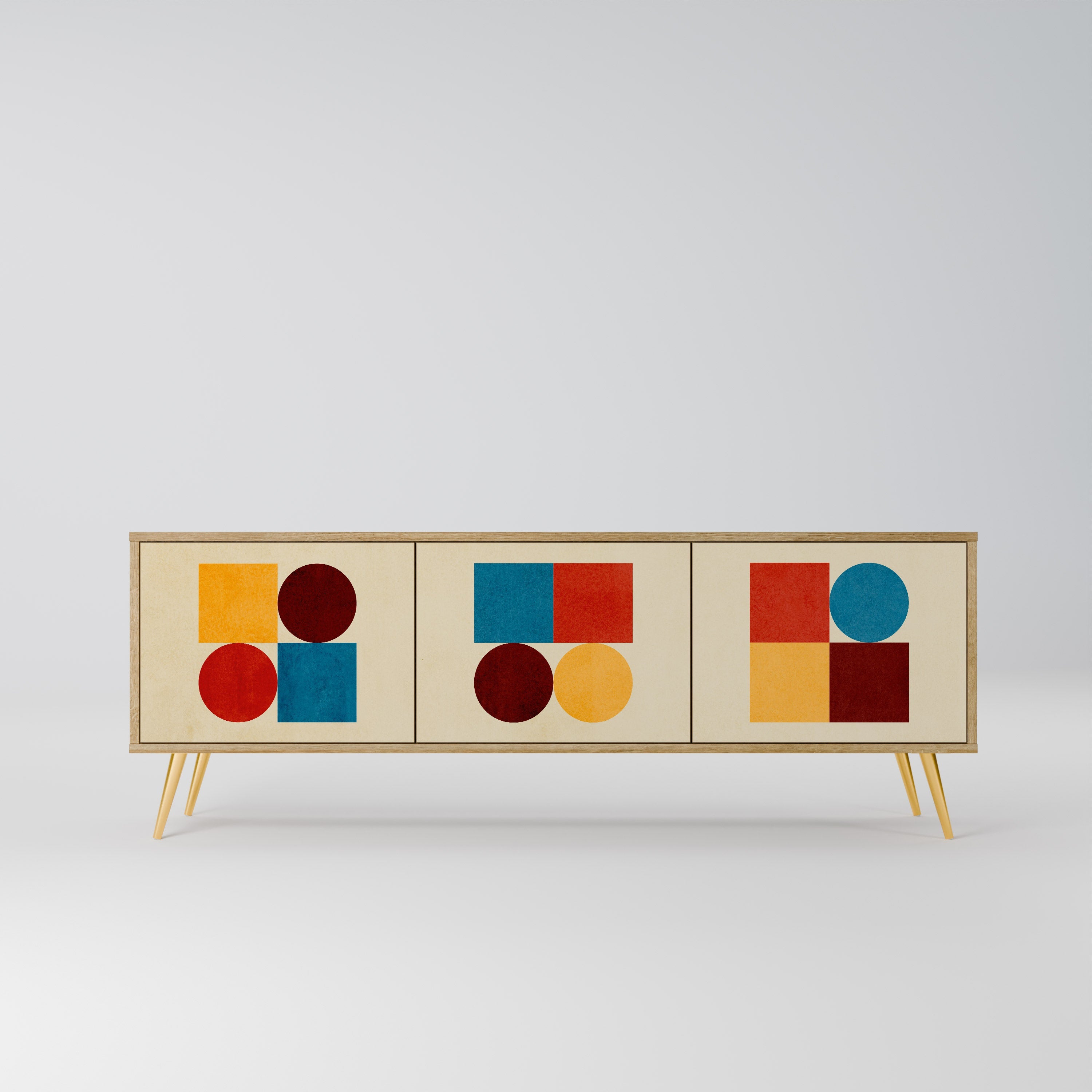 Meuble TV 3 portes PUZZLE GÉOMÉTRIQUE effet chêne