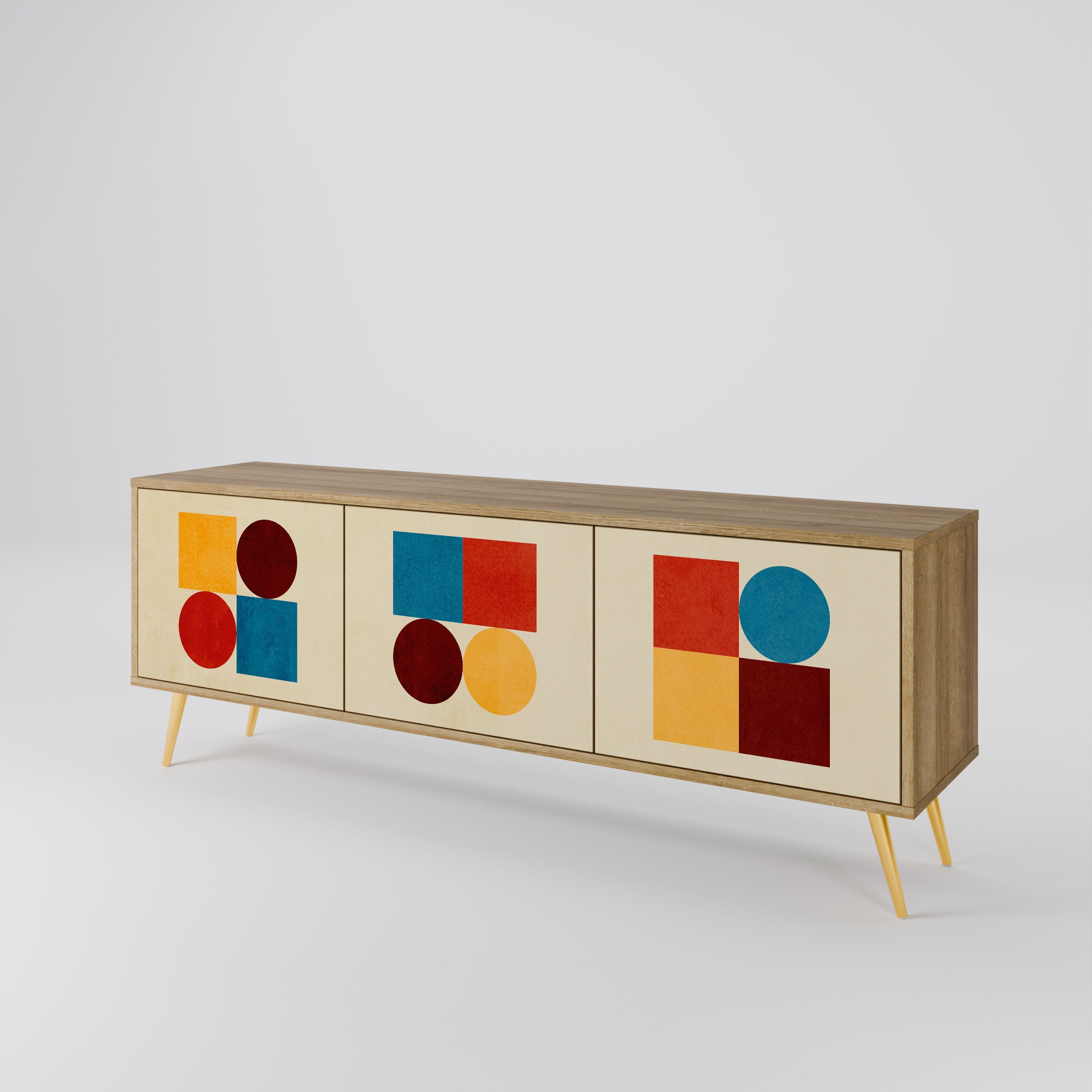 Meuble TV 3 portes PUZZLE GÉOMÉTRIQUE effet chêne