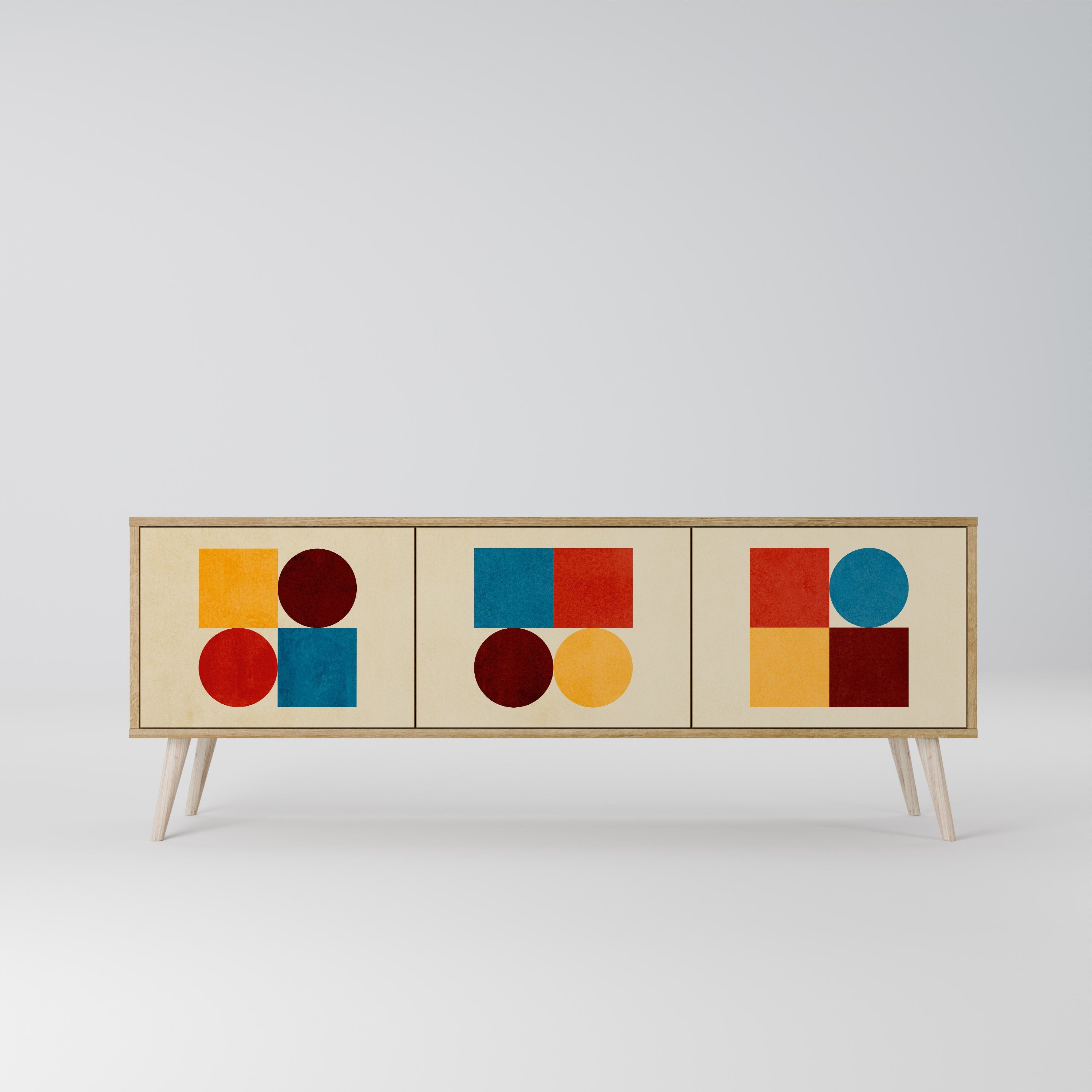 Meuble TV 3 portes PUZZLE GÉOMÉTRIQUE effet chêne