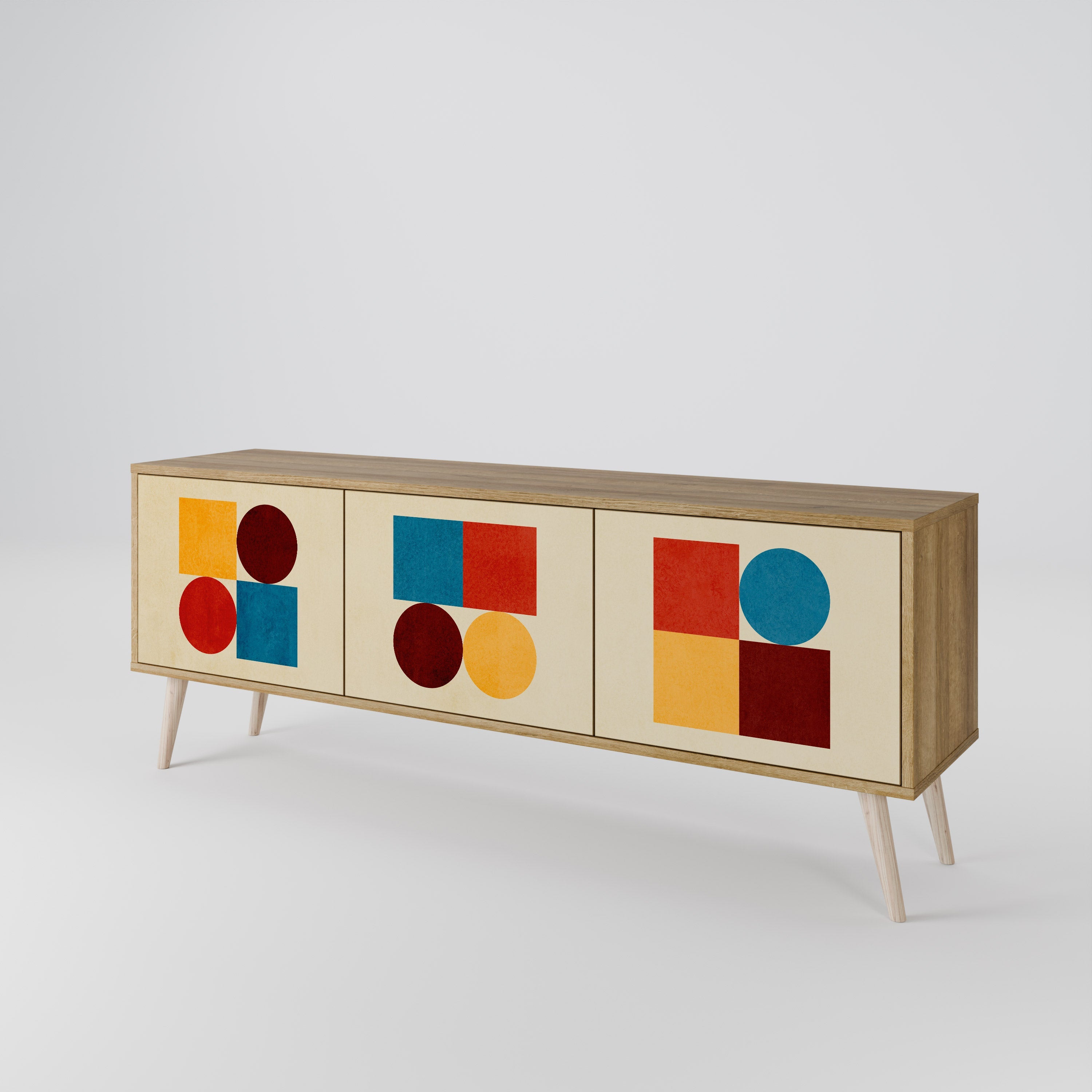 Meuble TV 3 portes PUZZLE GÉOMÉTRIQUE effet chêne