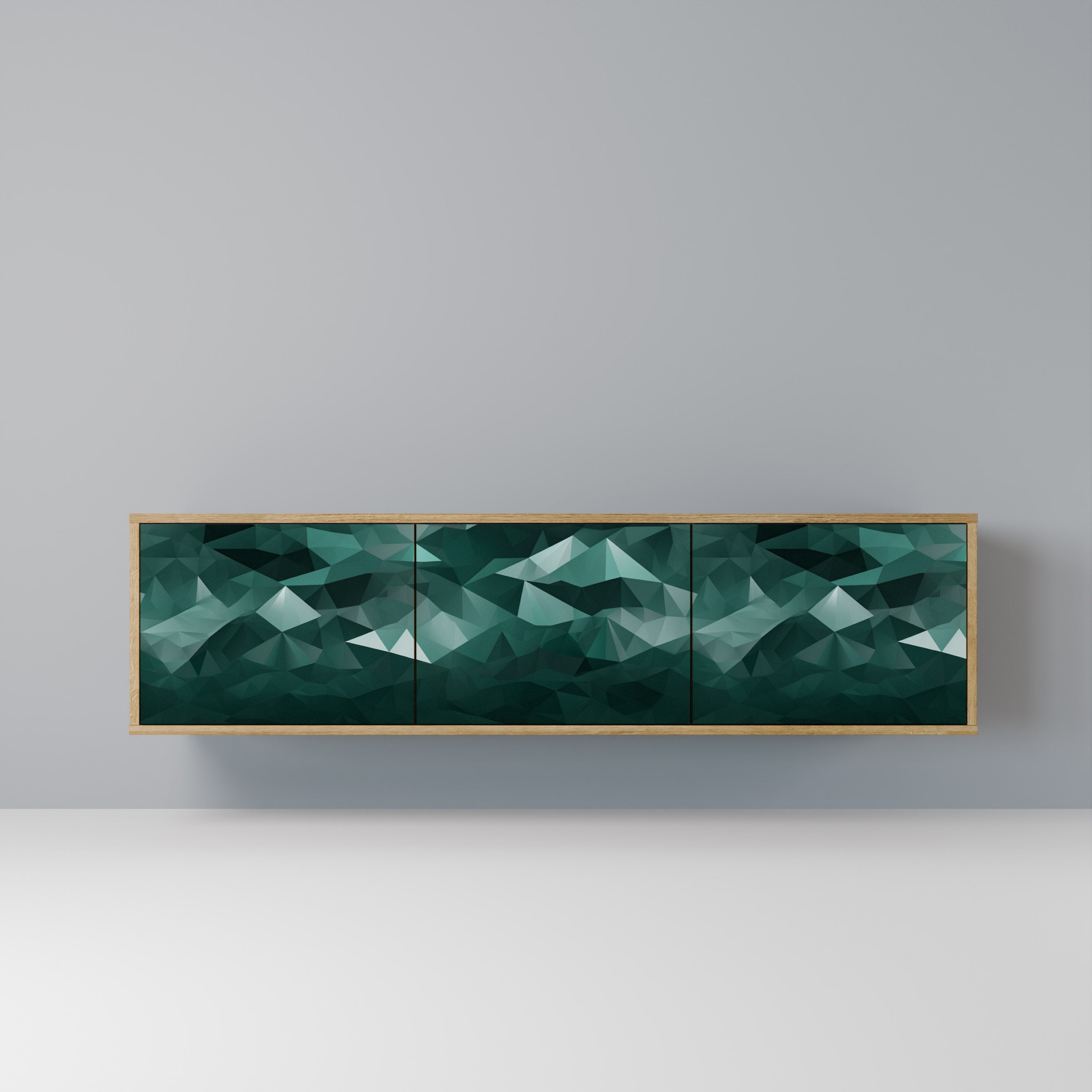 Meuble TV 3 portes flottant polygonal effet chêne