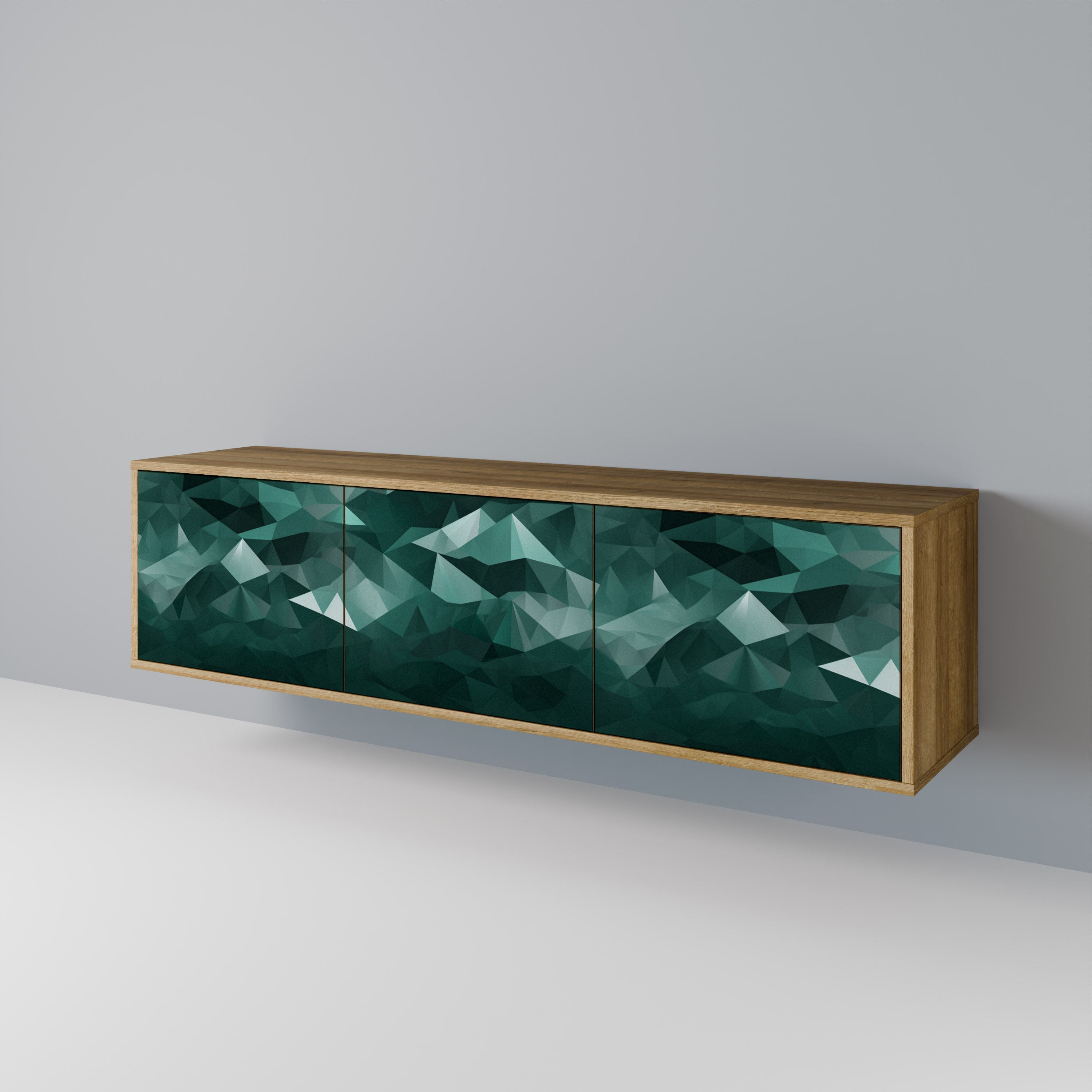 Meuble TV 3 portes flottant polygonal effet chêne