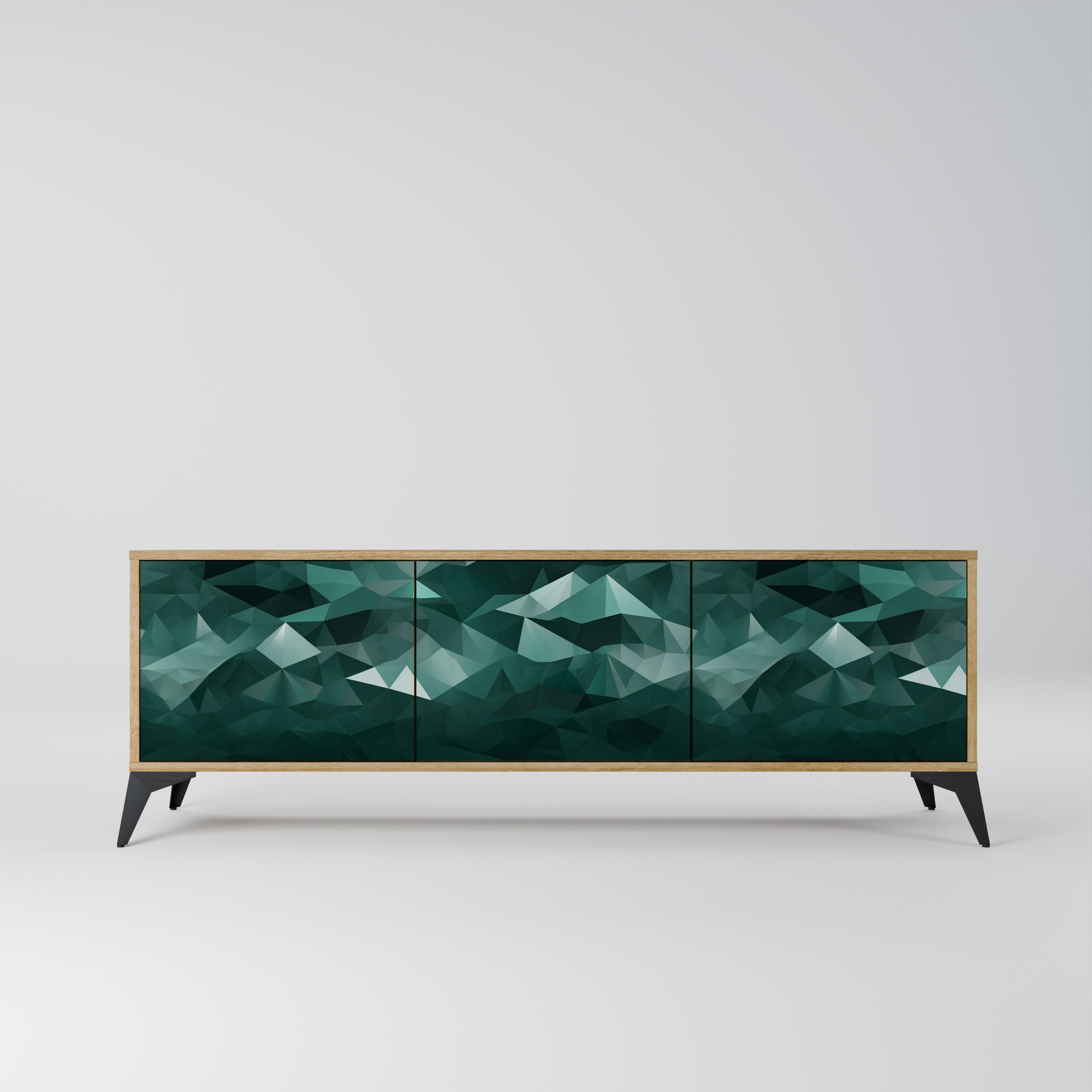 Meuble TV 3 portes flottant polygonal effet chêne