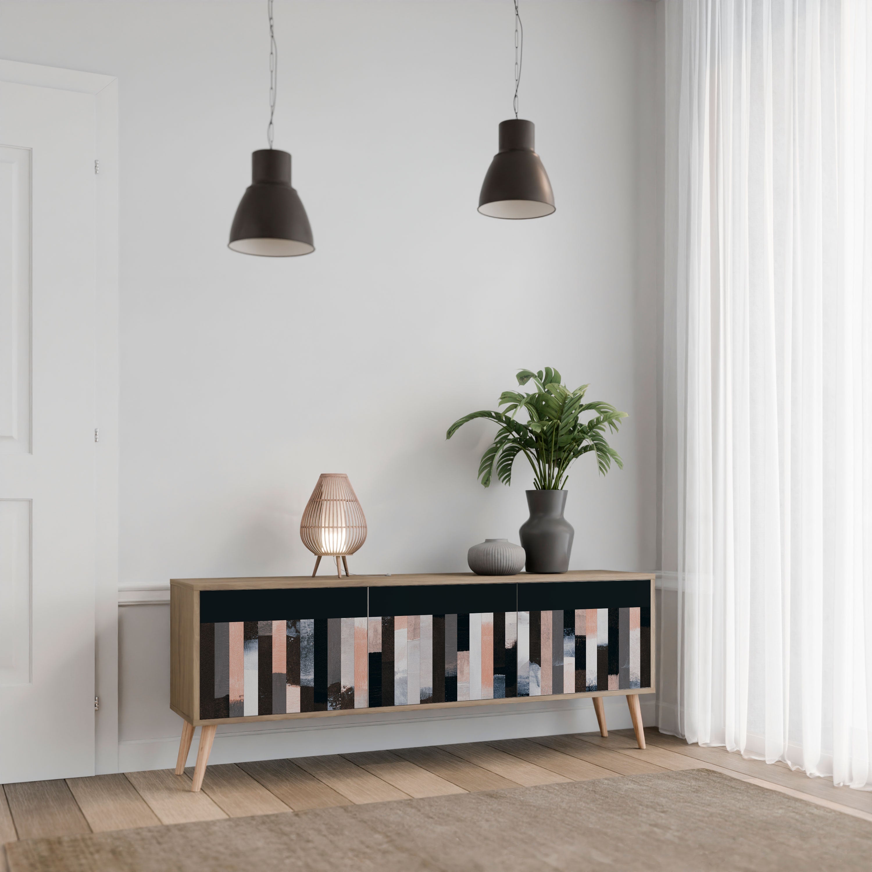 Meuble TV 3 portes COLLAGE DE RECTANGLES effet chêne