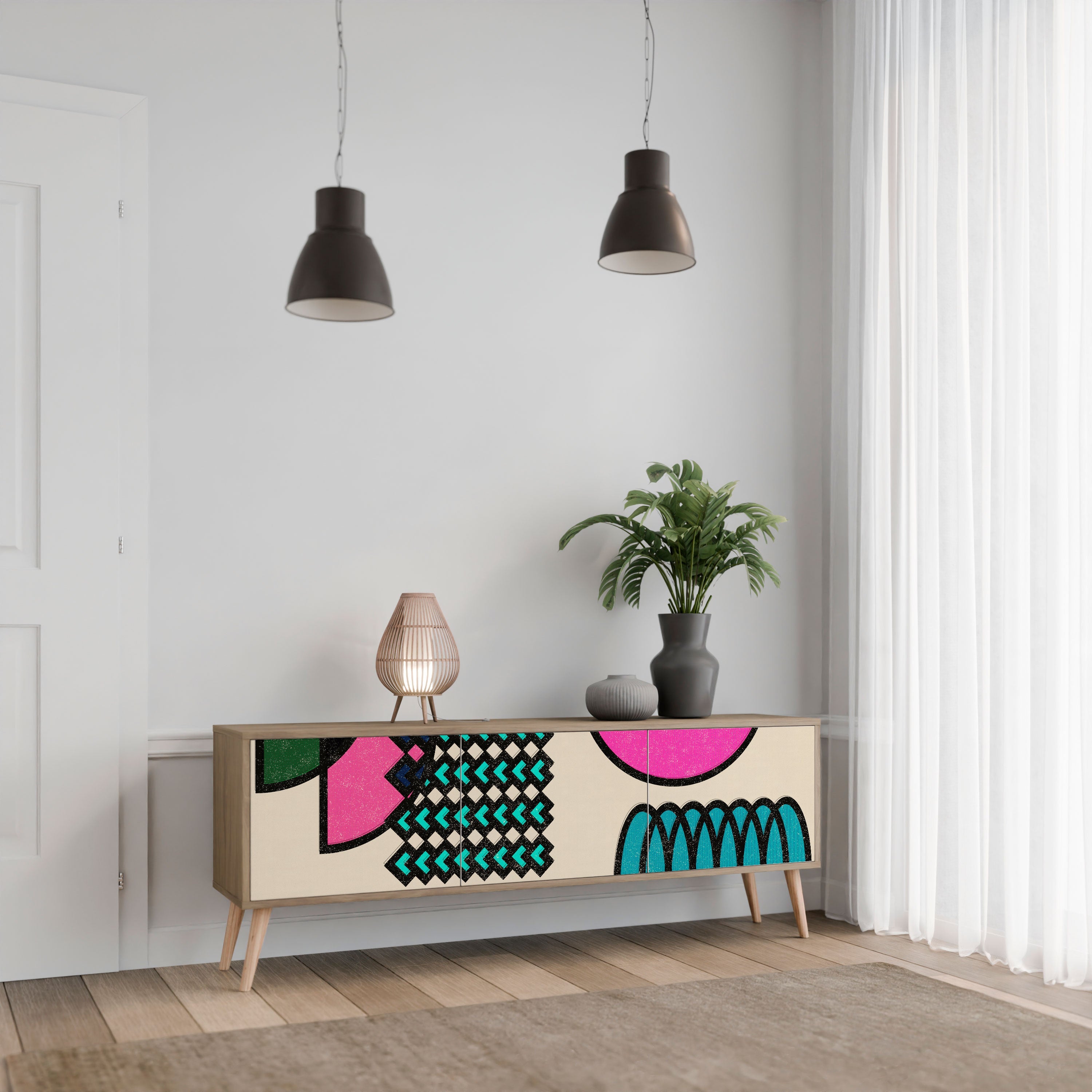 Meuble TV 3 portes GEOMETRIC RHAPSODY effet chêne