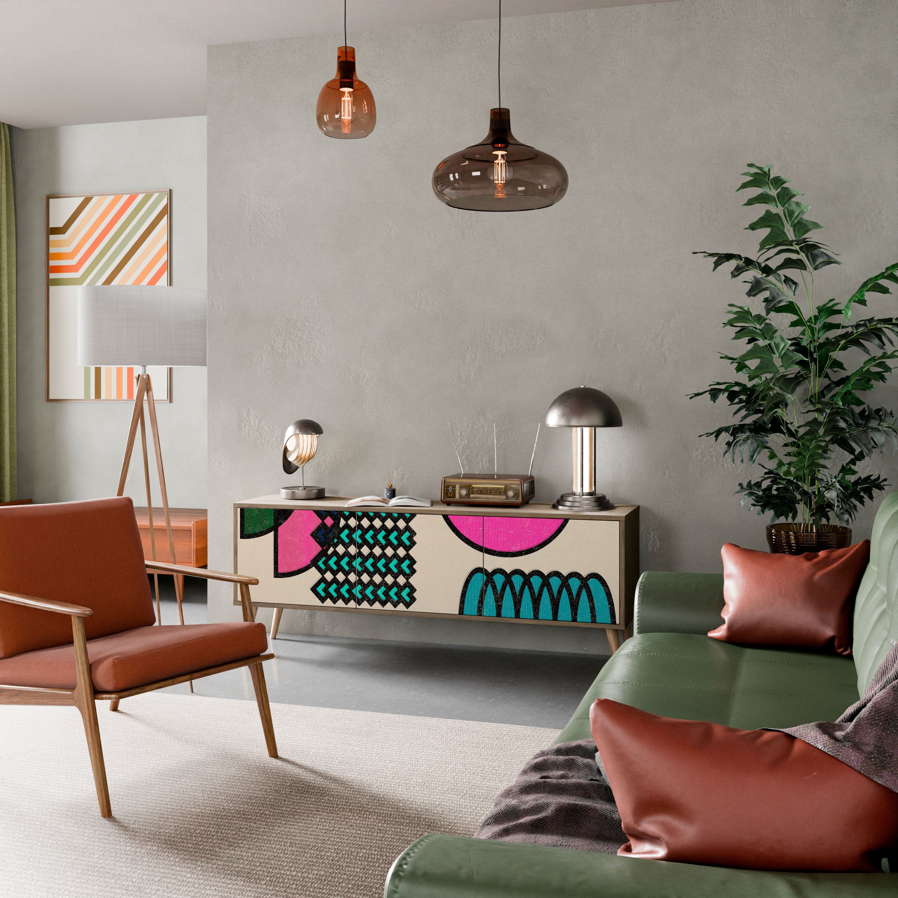 Meuble TV 3 portes GEOMETRIC RHAPSODY effet chêne