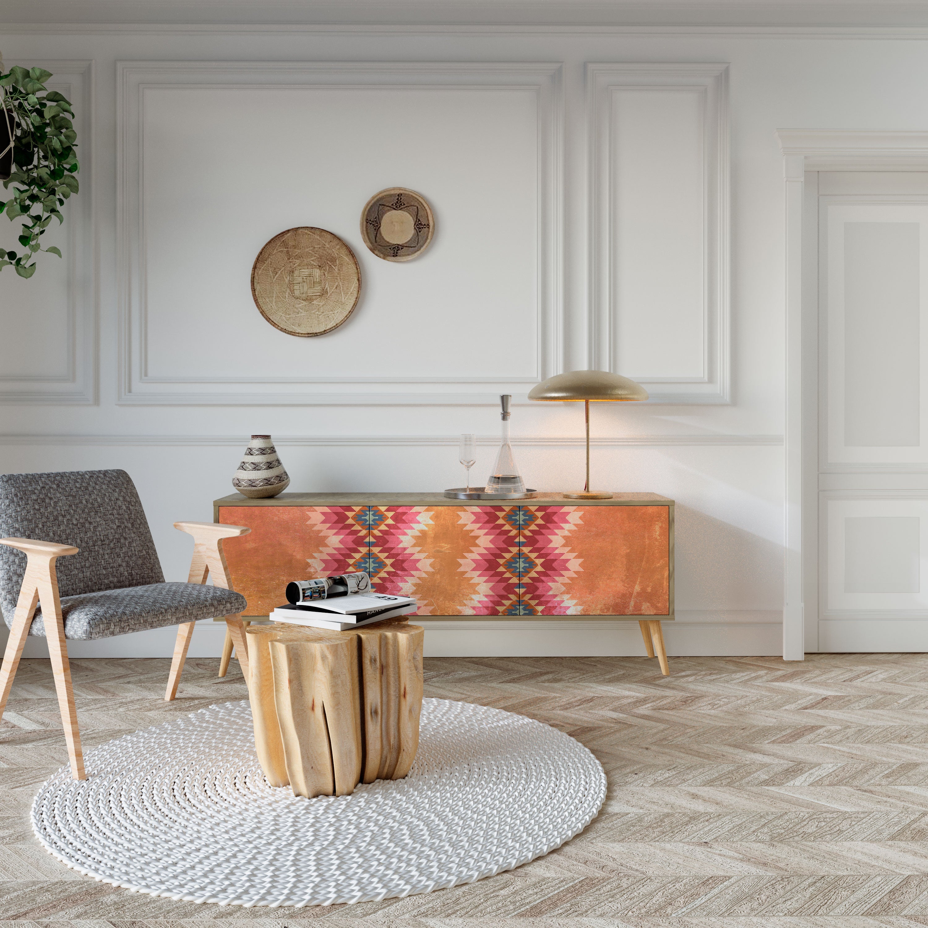 Meuble TV 3 portes INDIAN FOLK effet chêne