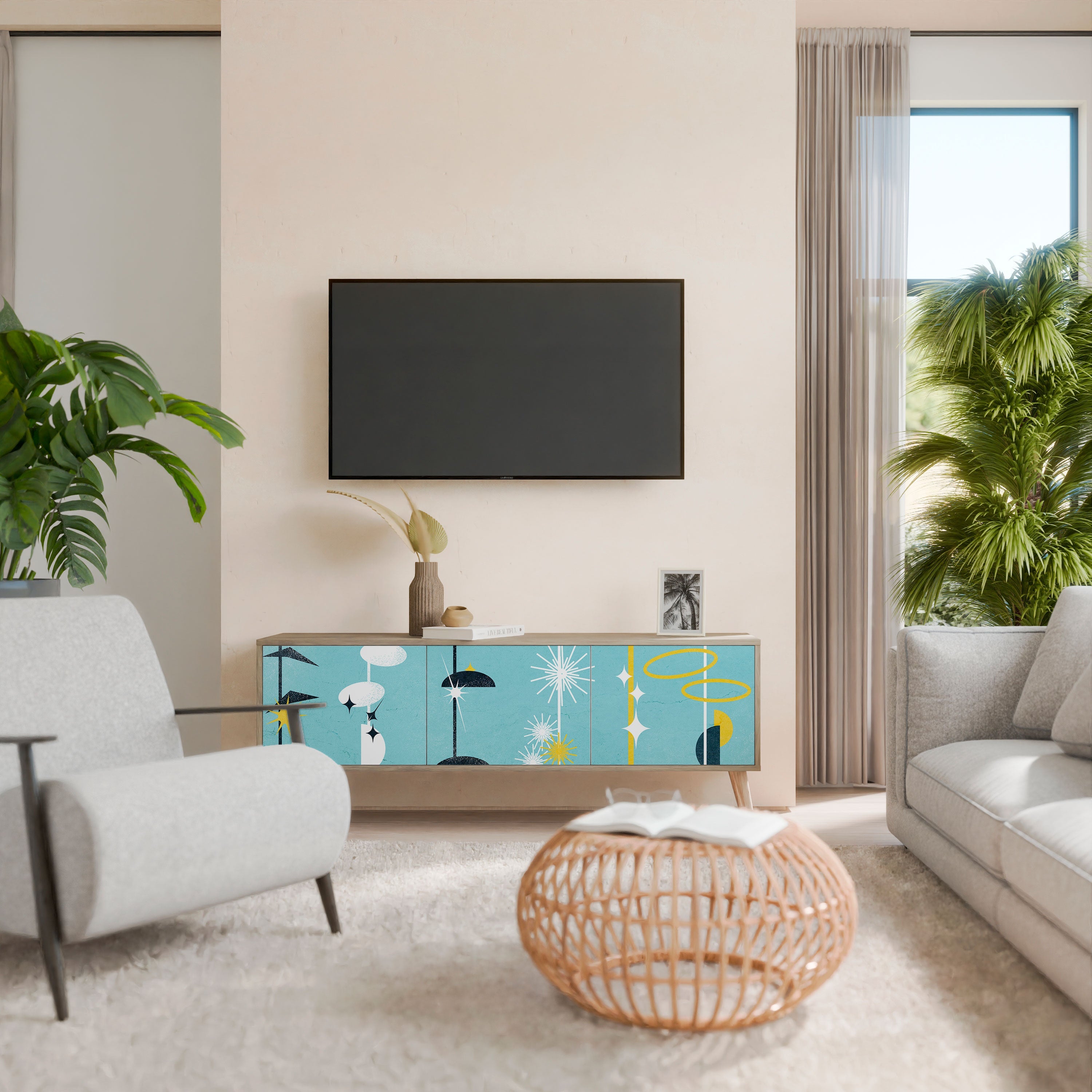 Meuble TV 3 portes effet chêne PATHS TO HAPPINESS