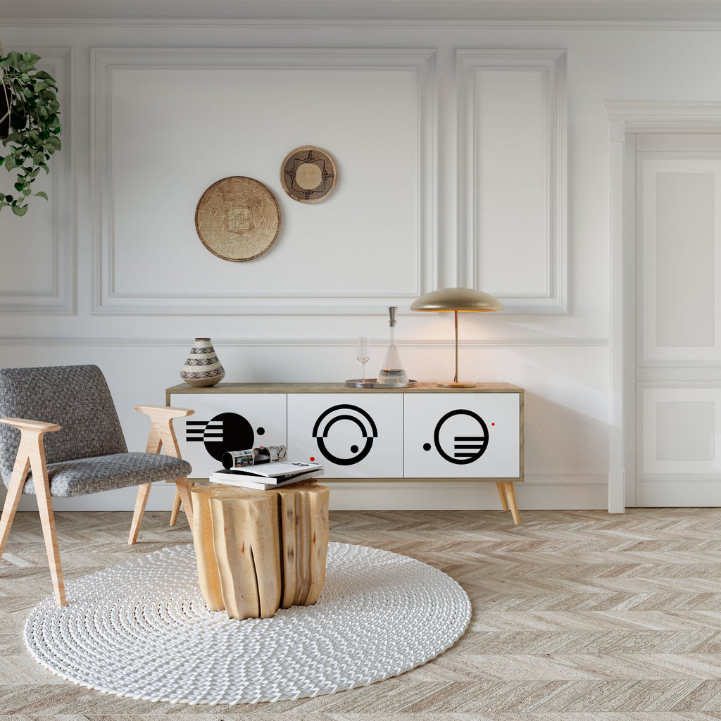 Meuble TV 3 portes effet chêne, combinaison noir et blanc