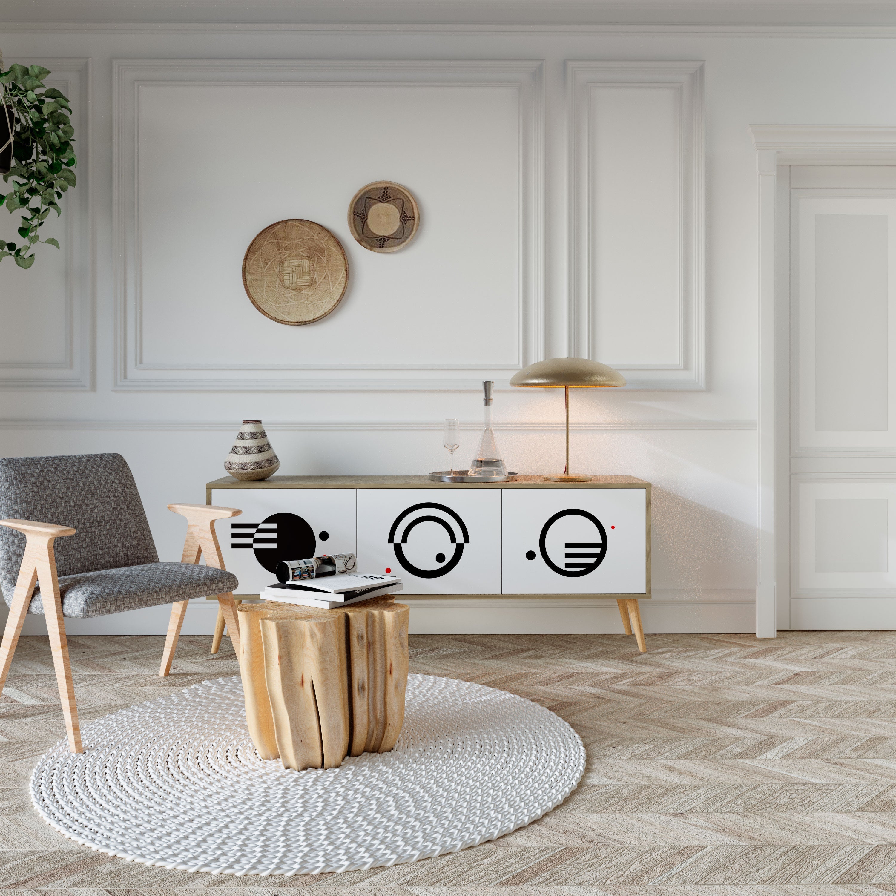 Meuble TV 3 portes effet chêne, combinaison noir et blanc