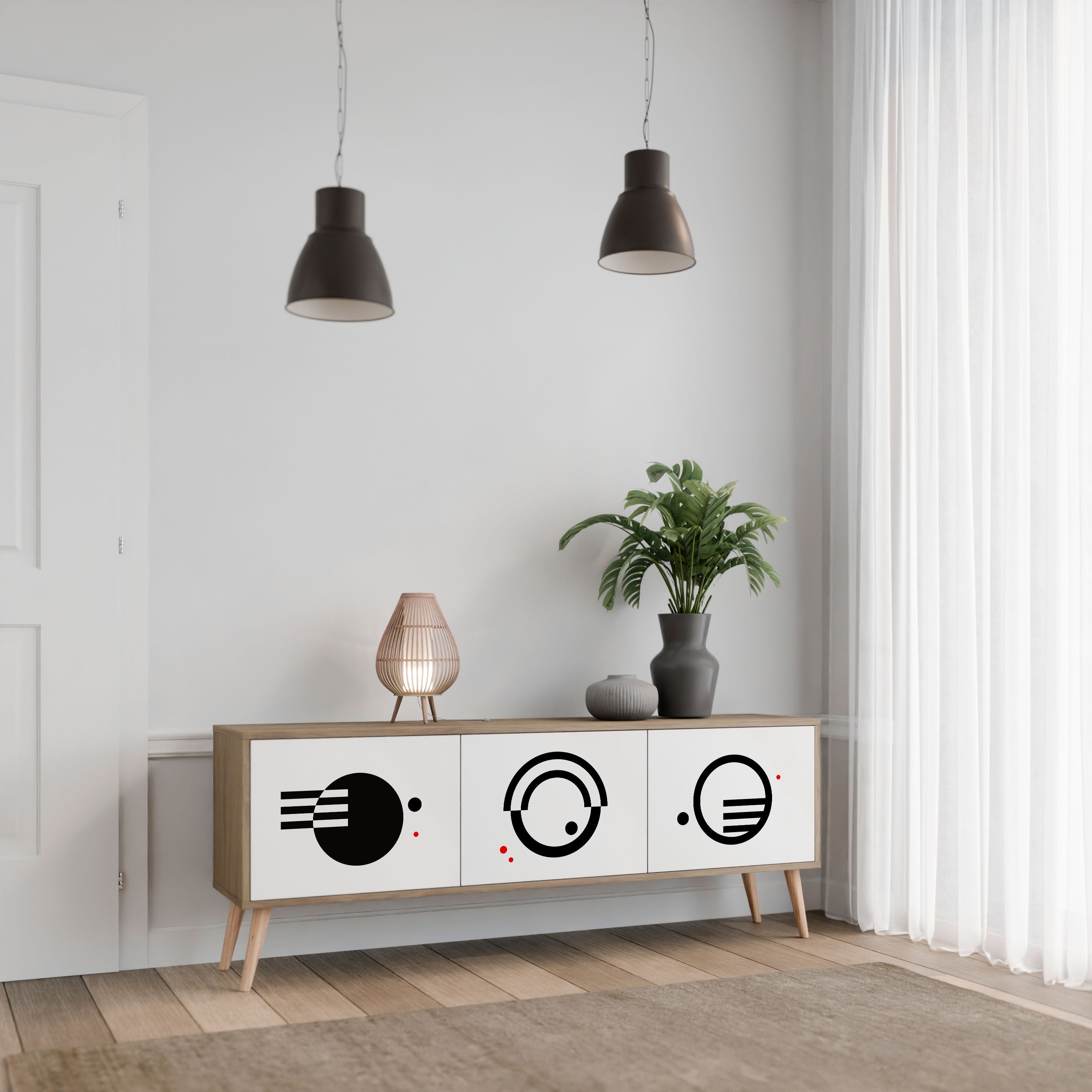 Meuble TV 3 portes effet chêne, combinaison noir et blanc