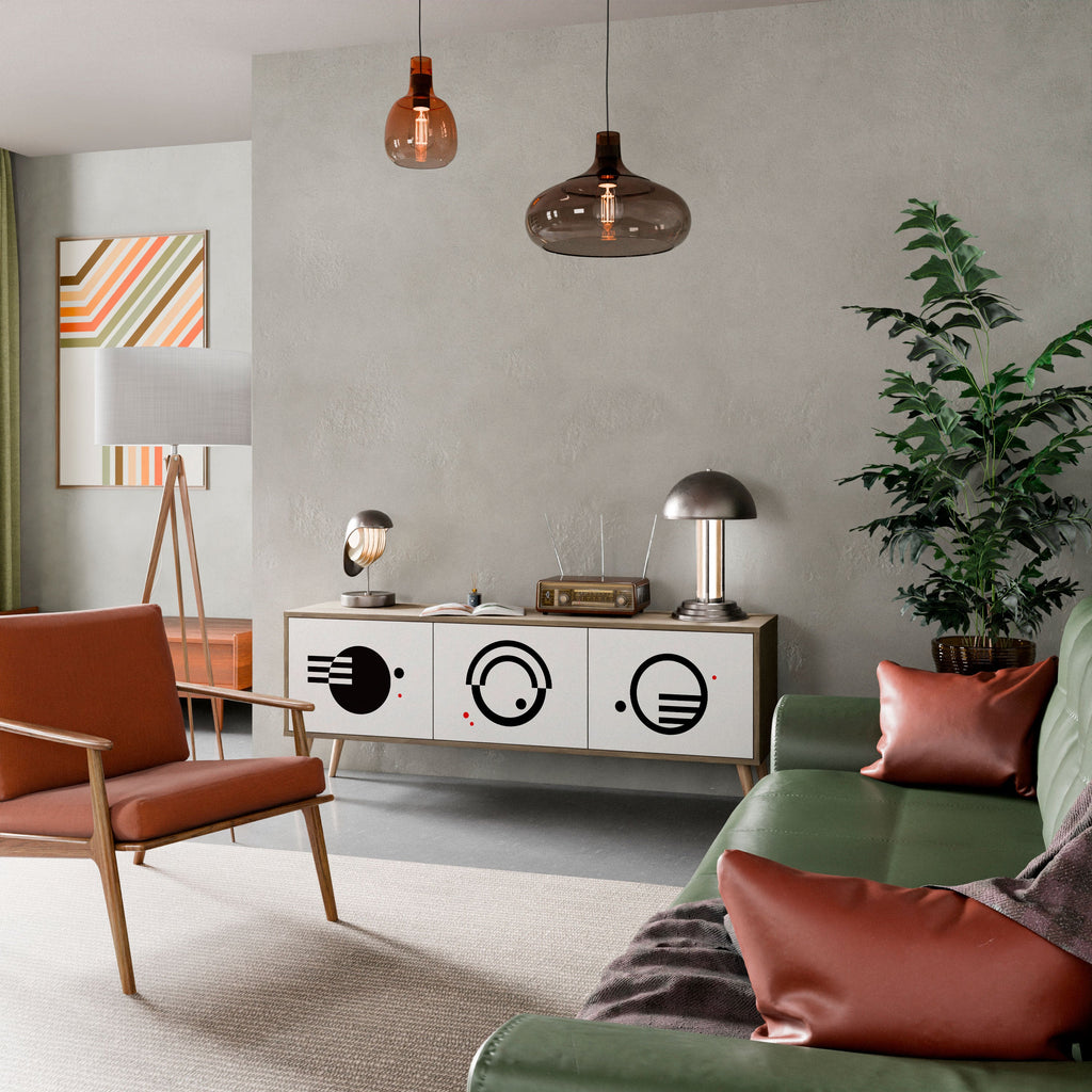 Meuble TV 3 portes effet chêne, combinaison noir et blanc