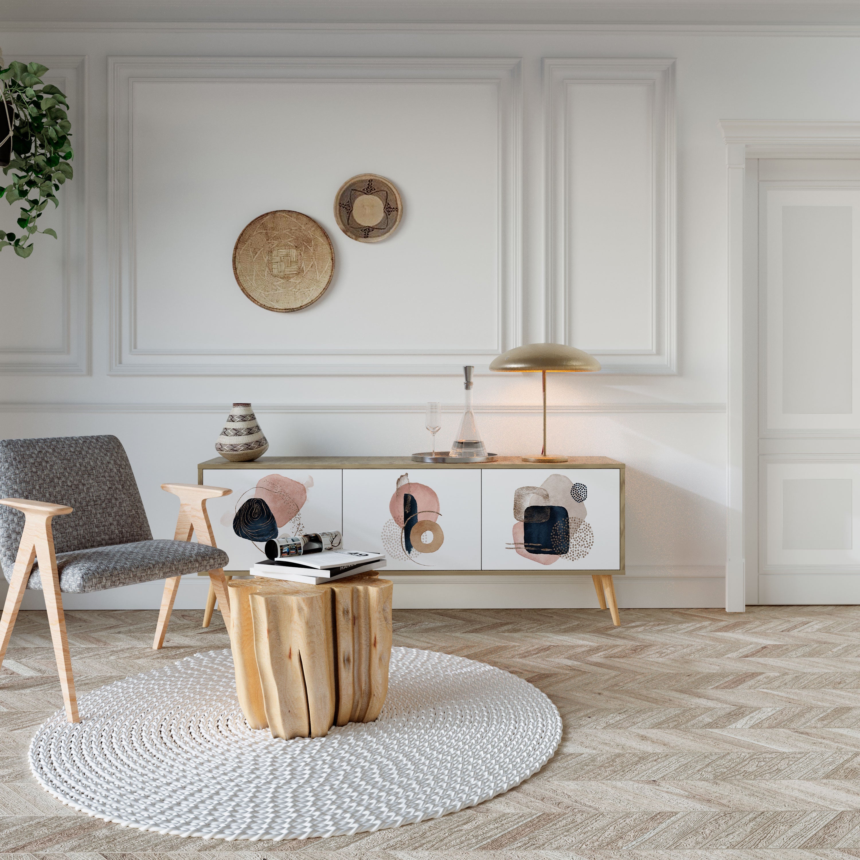 Meuble TV 3 portes COLORFUL SHAPES effet chêne