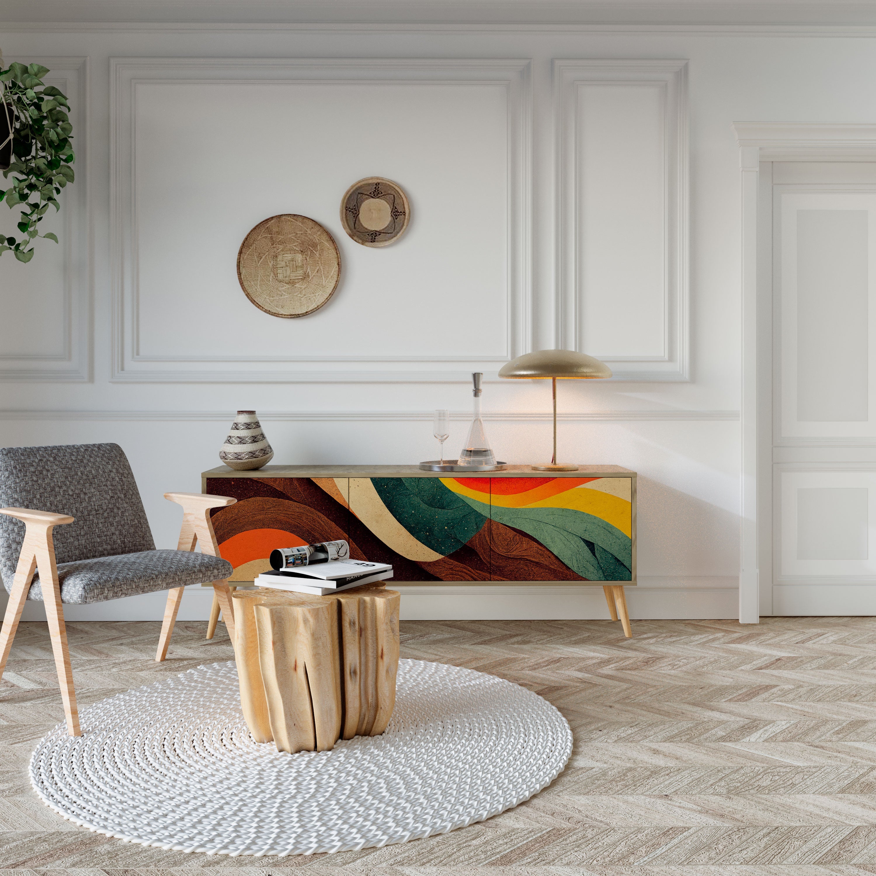 Meuble TV 3 portes COLORFUL STRANDS effet chêne