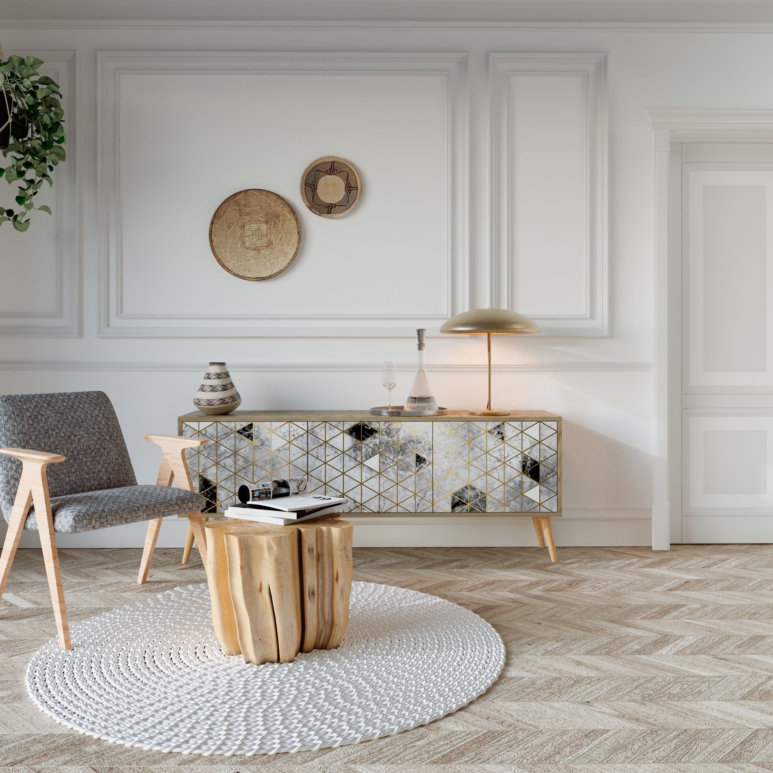 Meuble TV 3 portes ASHEN ARIA effet chêne