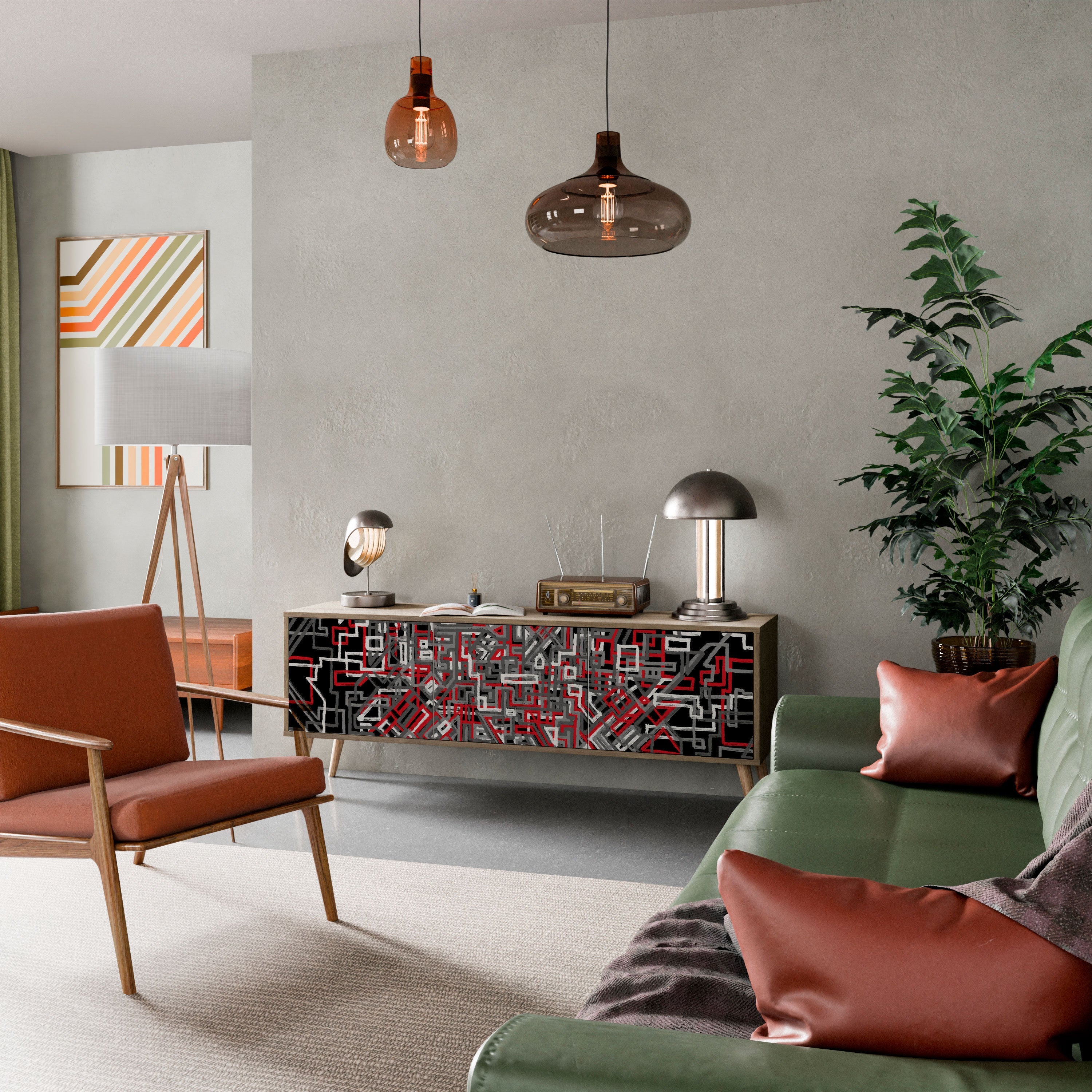 Meuble TV 3 portes BROKEN LINES effet chêne