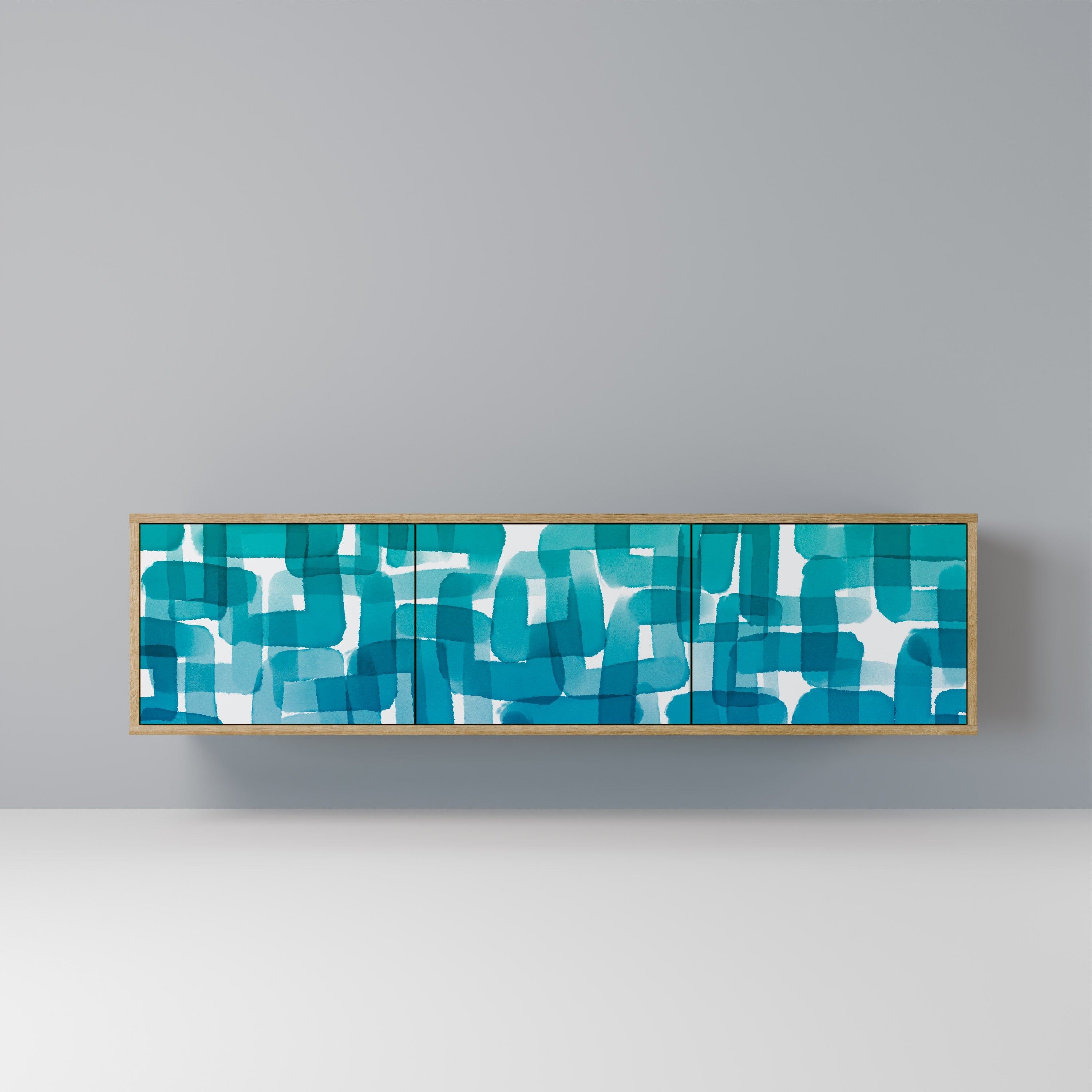 Meuble TV 3 portes TURQUOISE RECTANGLES effet chêne